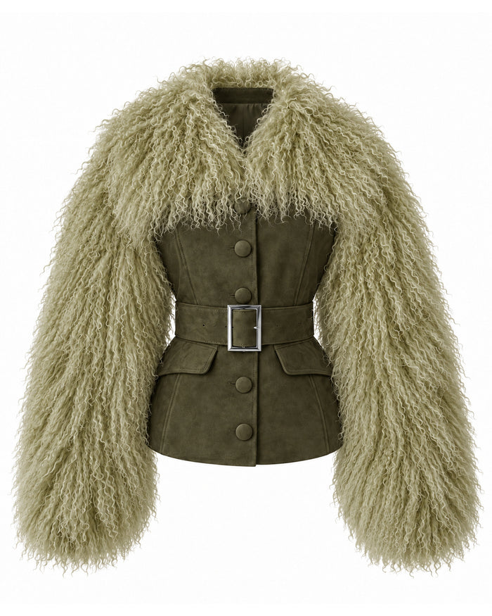 Leather Coat with Mongolian Fur Sleeves and Collar- Avocado