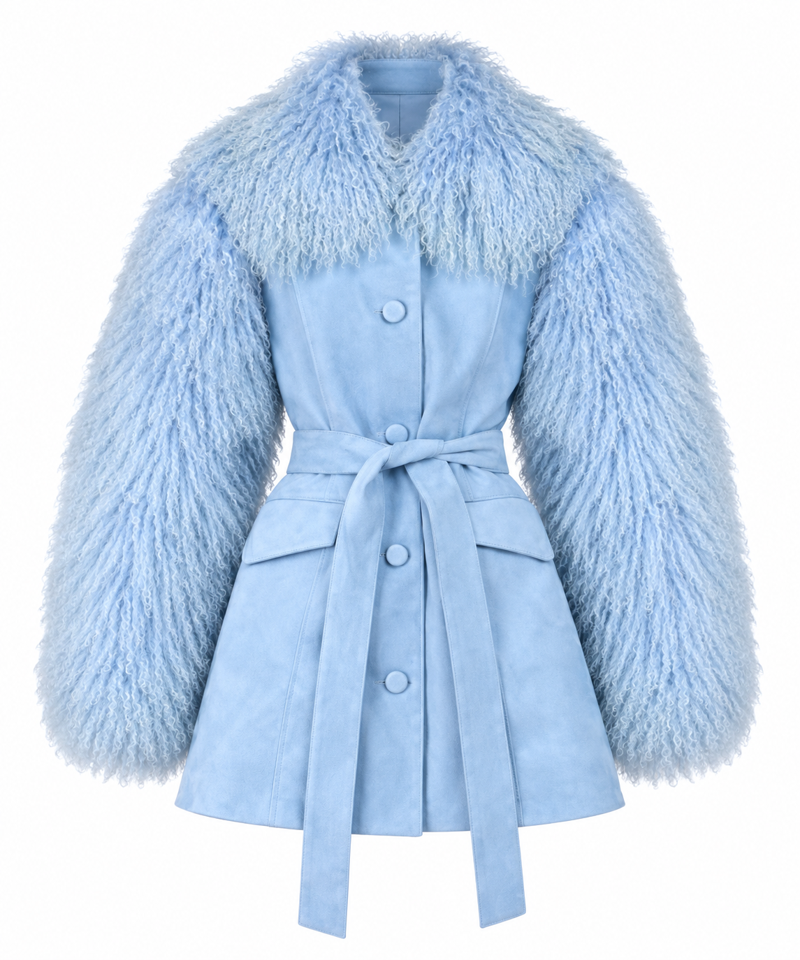 Suede Tailored Coat with Mongolian Fur Sleeves and Collar