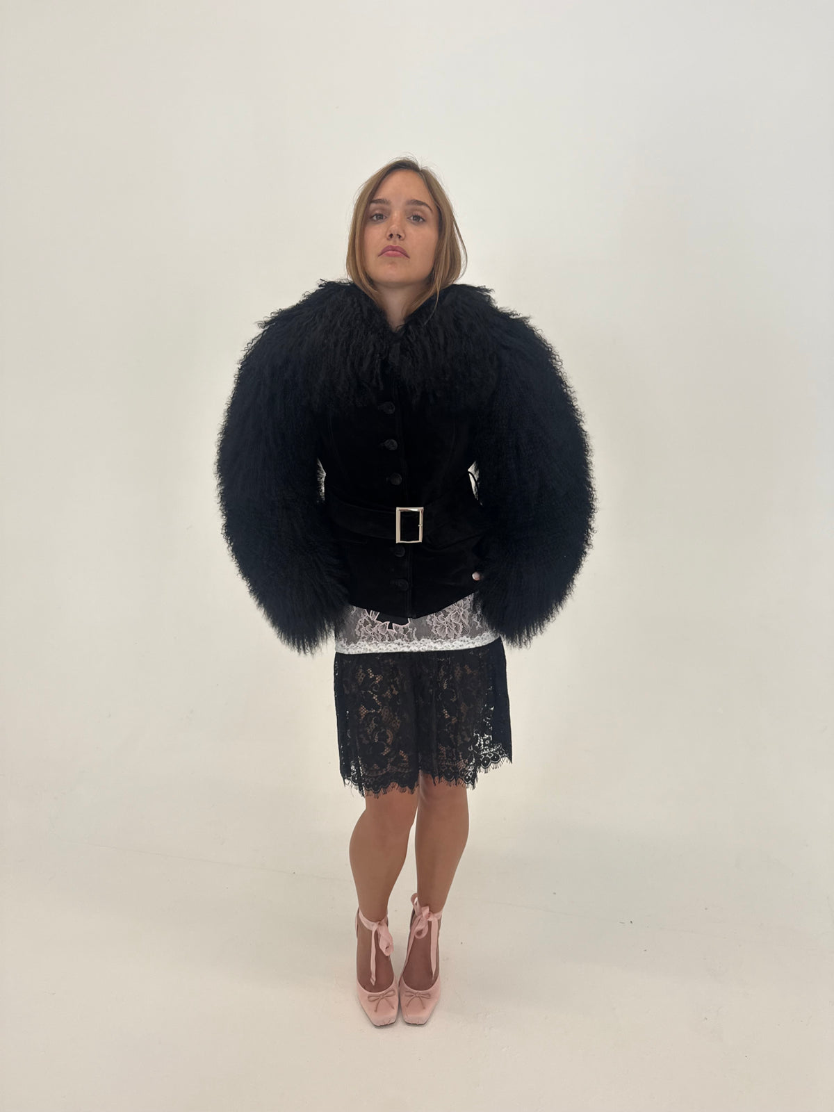 Suede Coat with Mongolian Fur Sleeves and Collar- Black, image 8 of 8