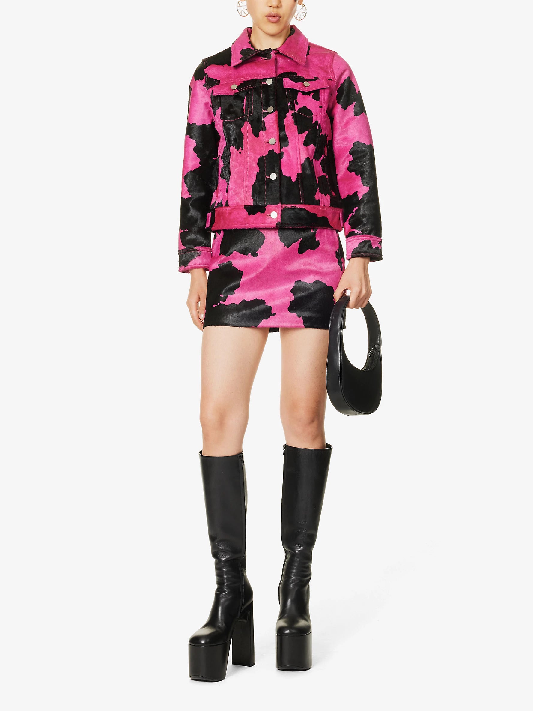 Printed cow-hide mini skirt with chunky metal zip