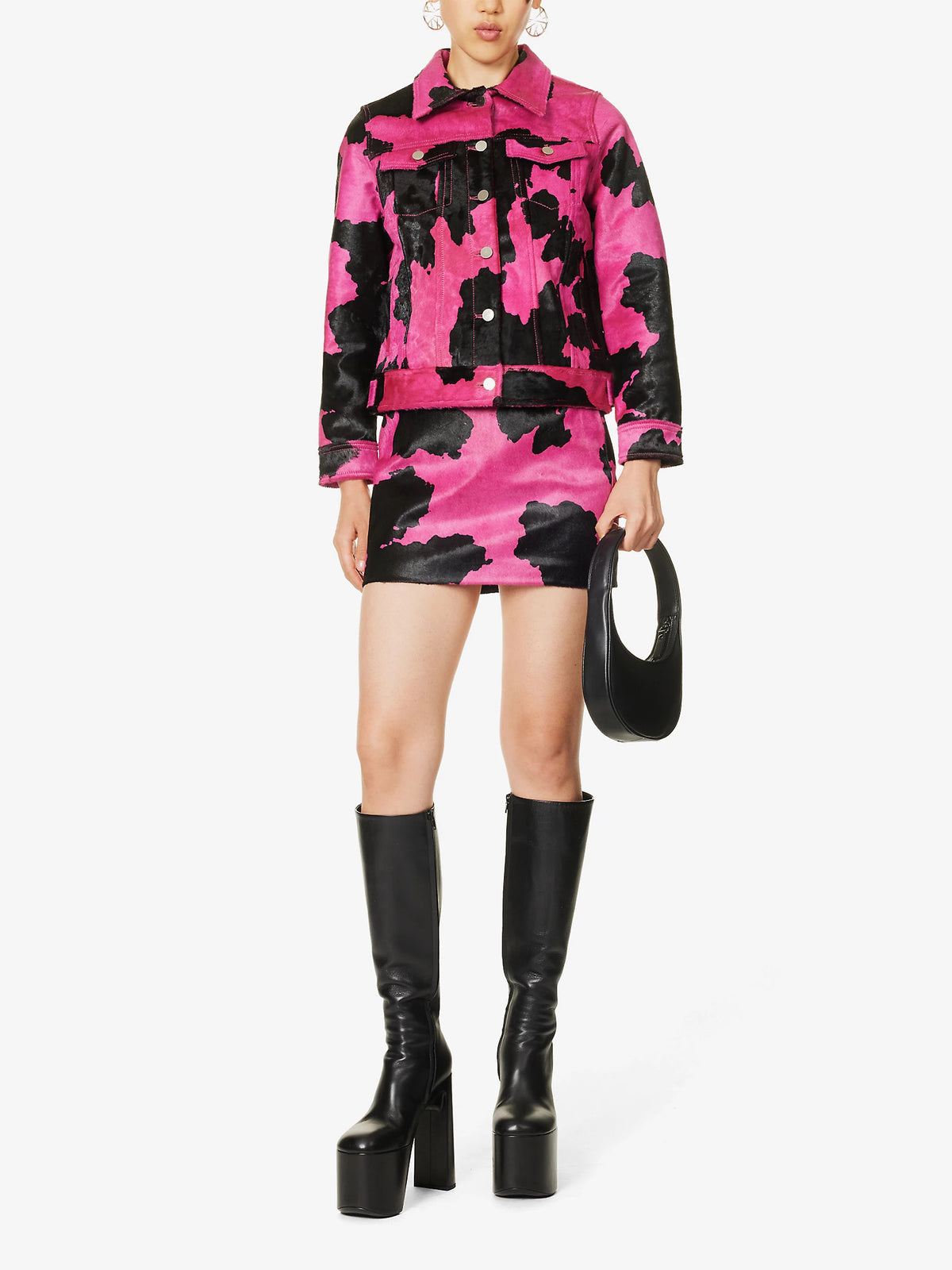 Printed cow hide mini skirt chunky metal zip