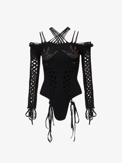 Seamless body-suit with lace up detailing and rhinestone hand-prints