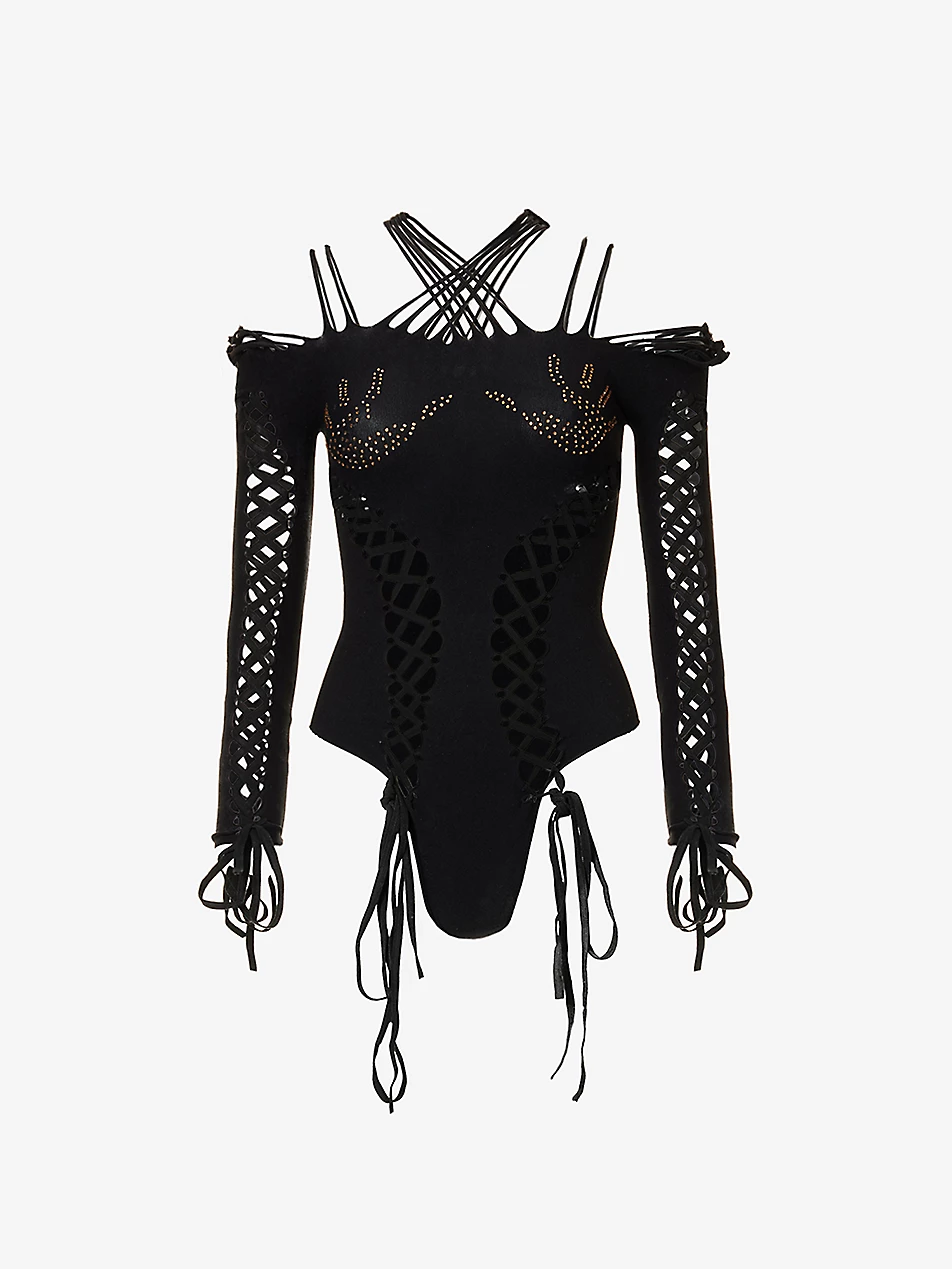Seamless body suit lace up detailing rhinestone hand prints