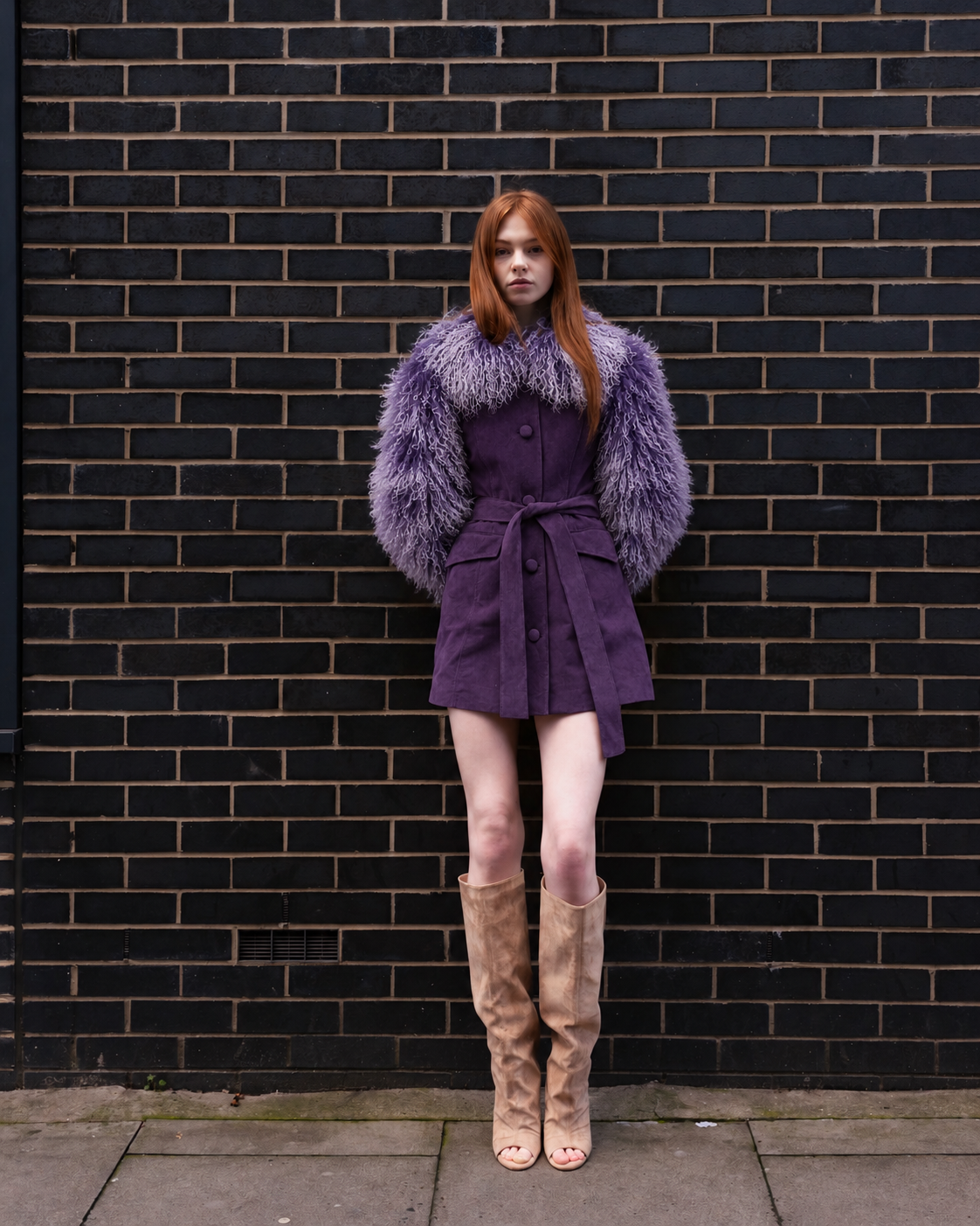 Suede Tailored Coat with Frosted Mongolian Fur Sleeves and Collar
