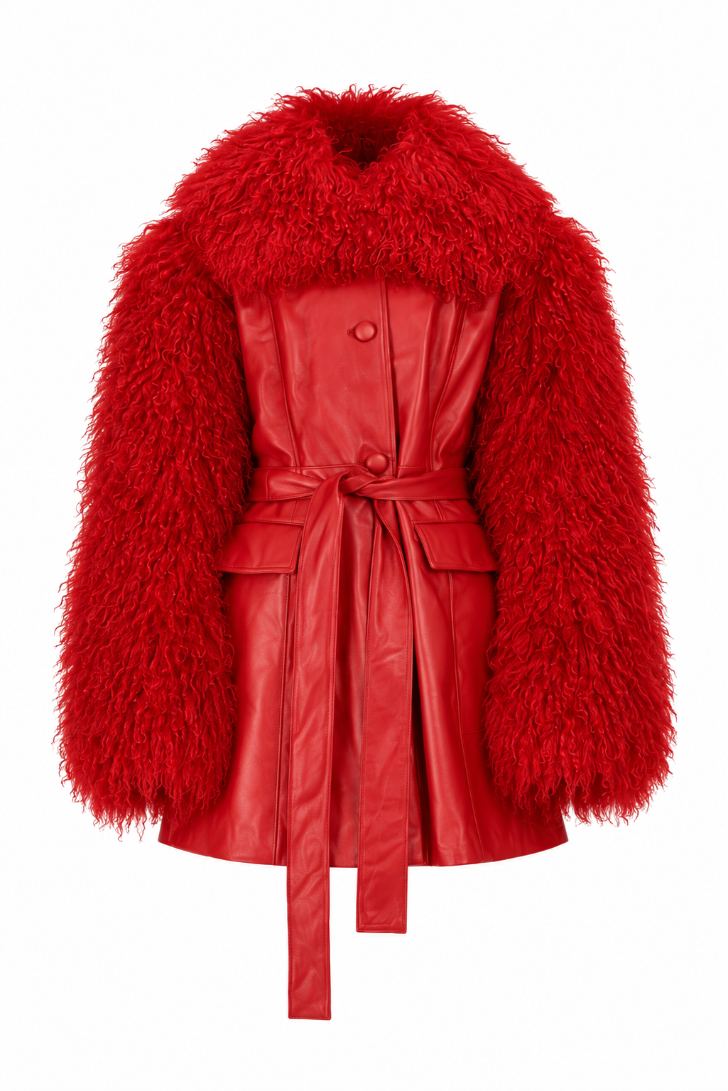 Leather Tailored Coat with Mongolian Fur Sleeves and Collar
