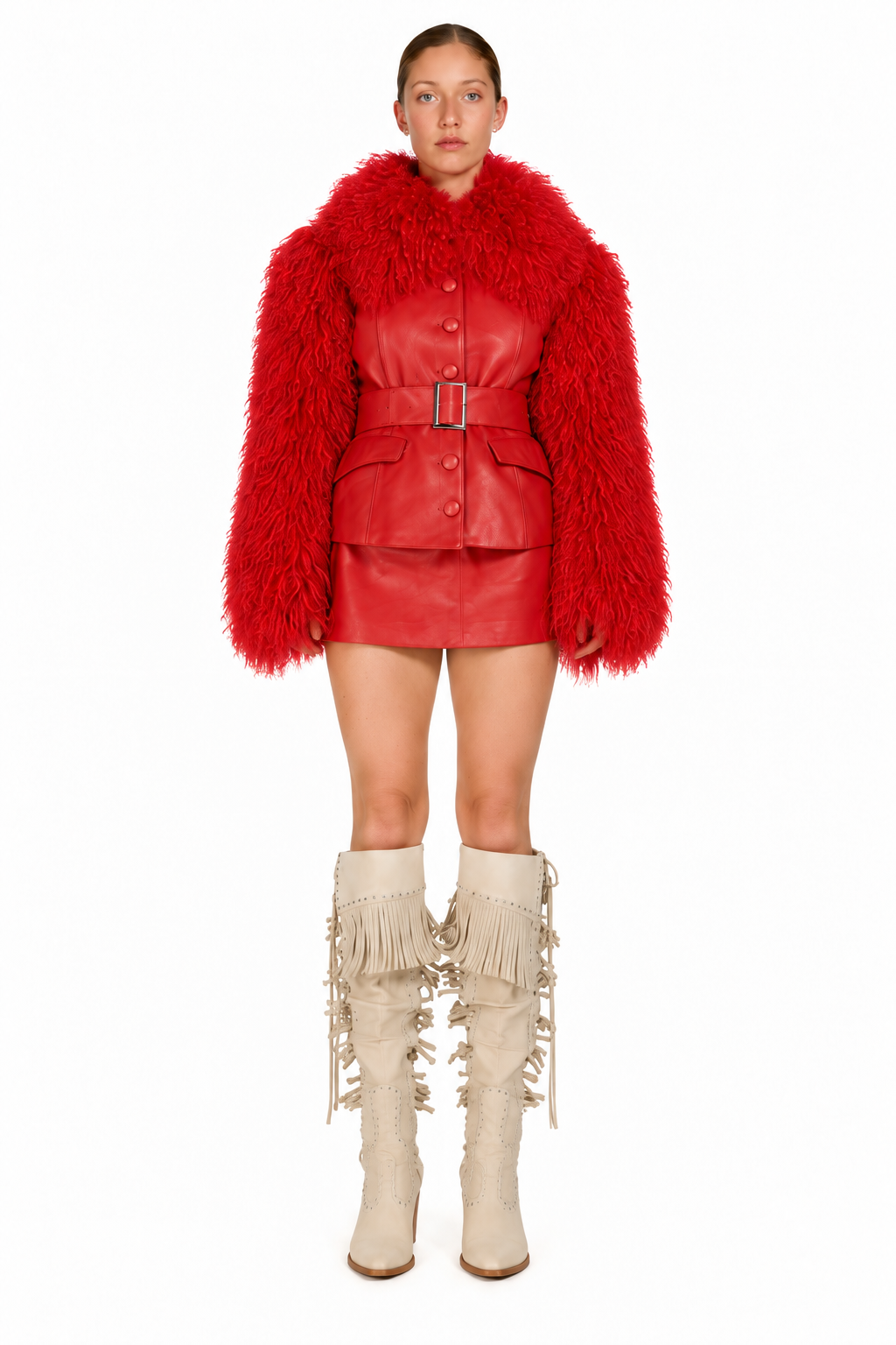Leather Coat with Mongolian Fur Sleeves and Collar- Red, image 5 of 5