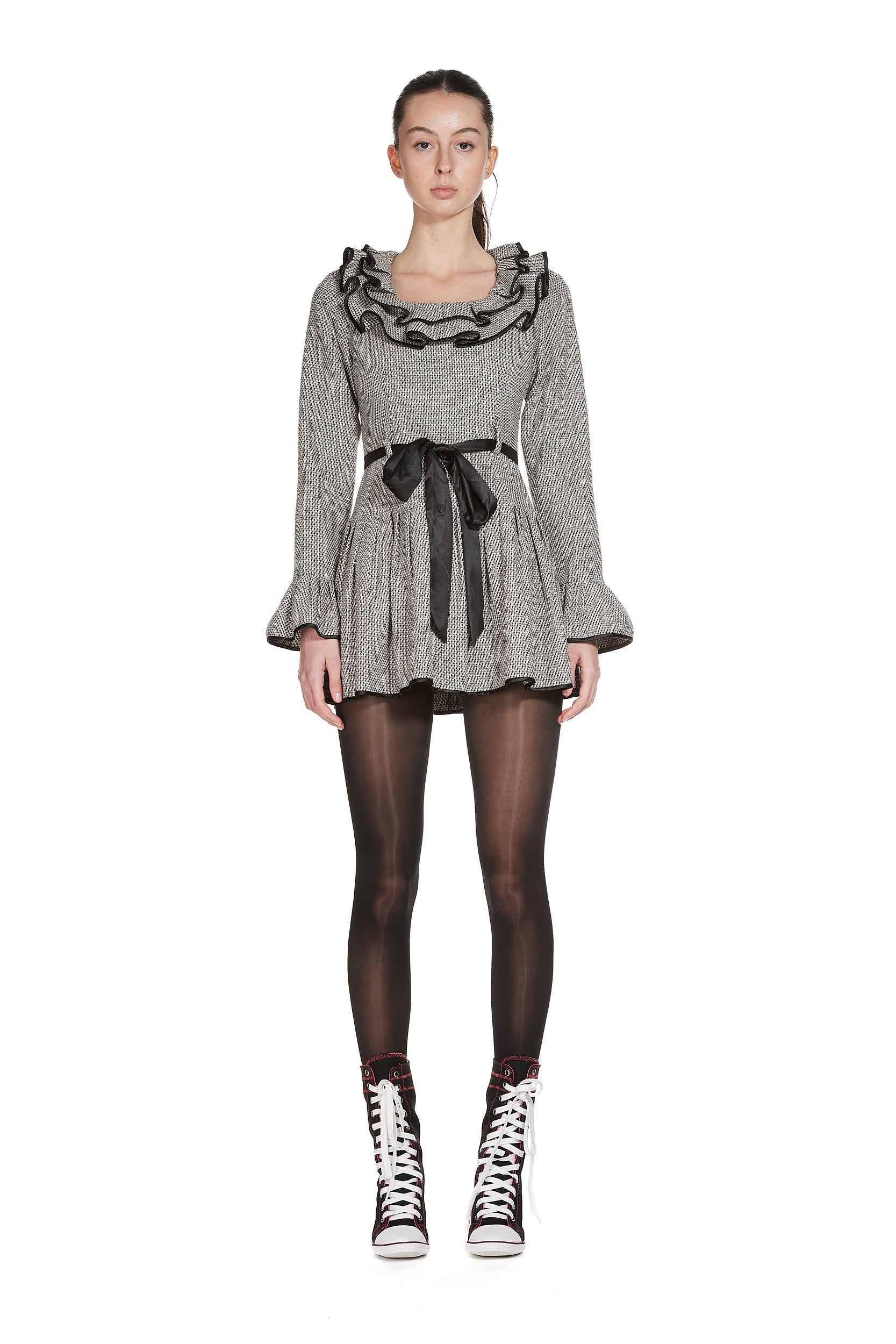 Ruffle Collar Dress in Wool Houndstooth Fabric