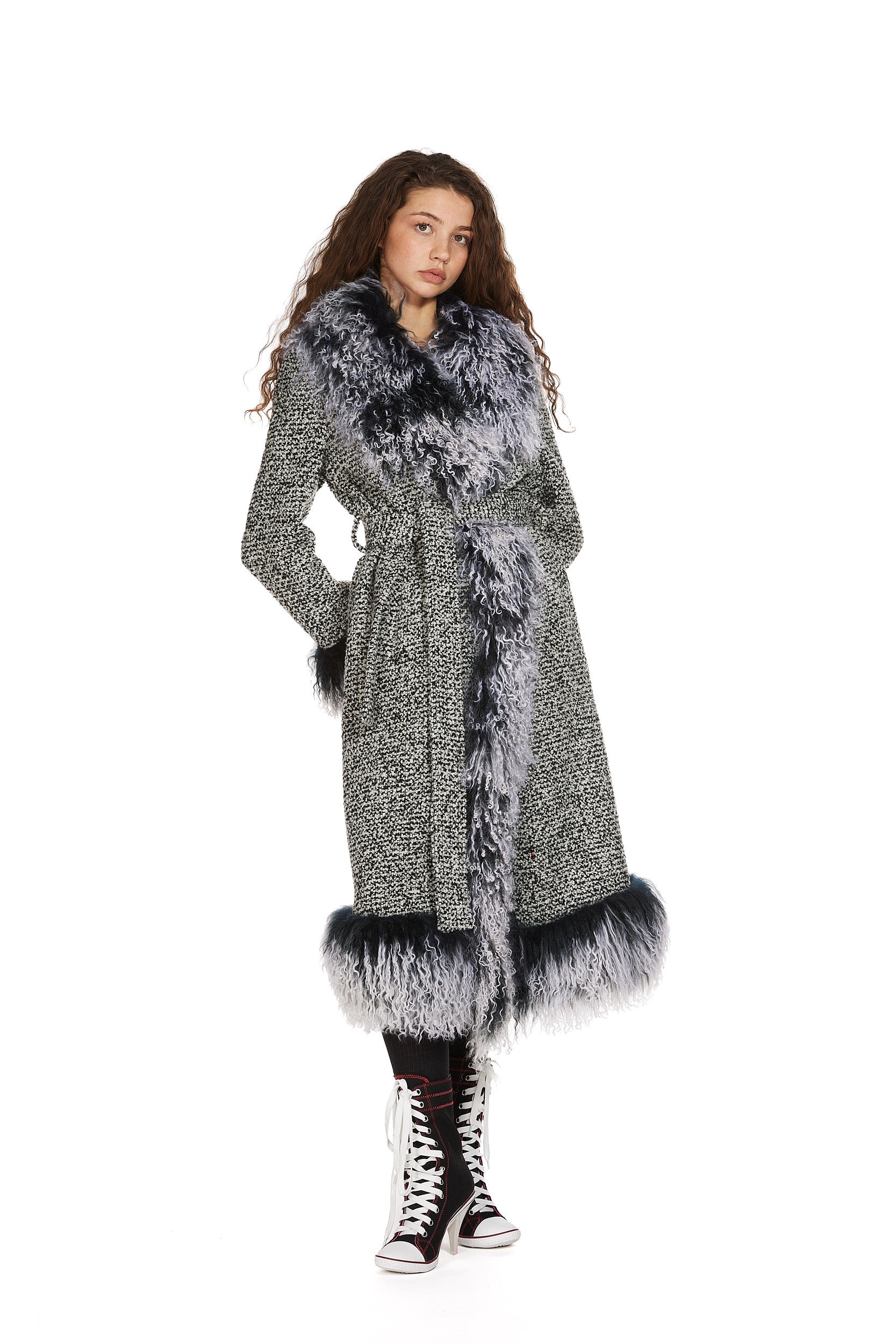 Mongolian Gradient Trim Wool Coat