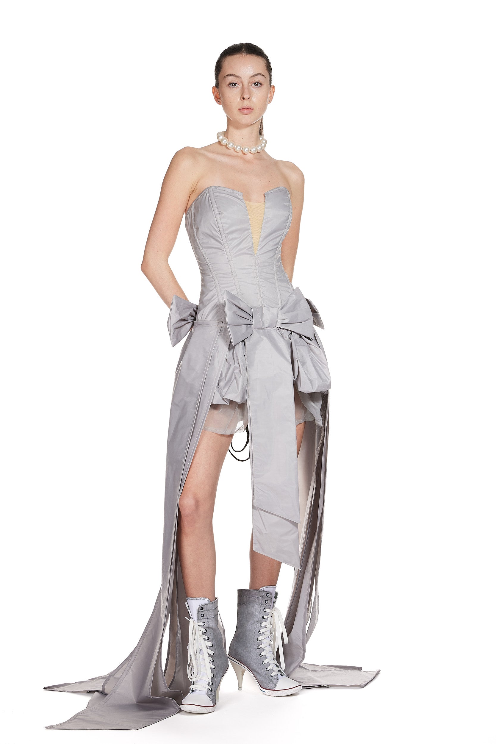 Taffeta Corset Bow front Asymmetric Dress