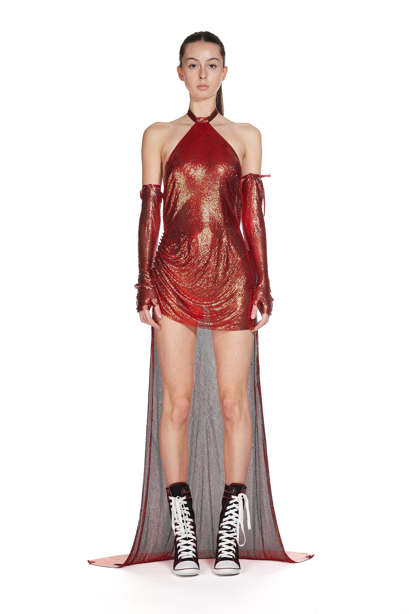 Draped Backless Chainmail Dress with High-low Hem