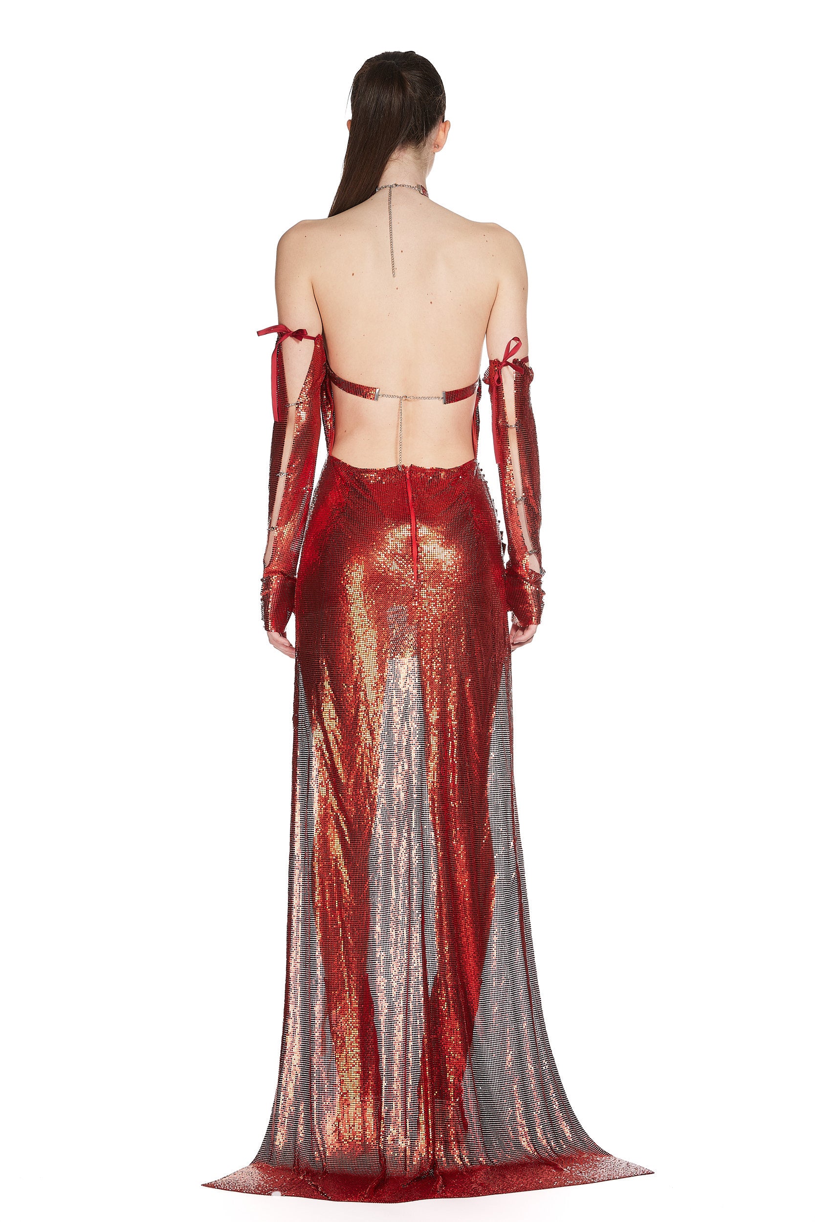 Draped Backless Chainmail Dress with High-low Hem