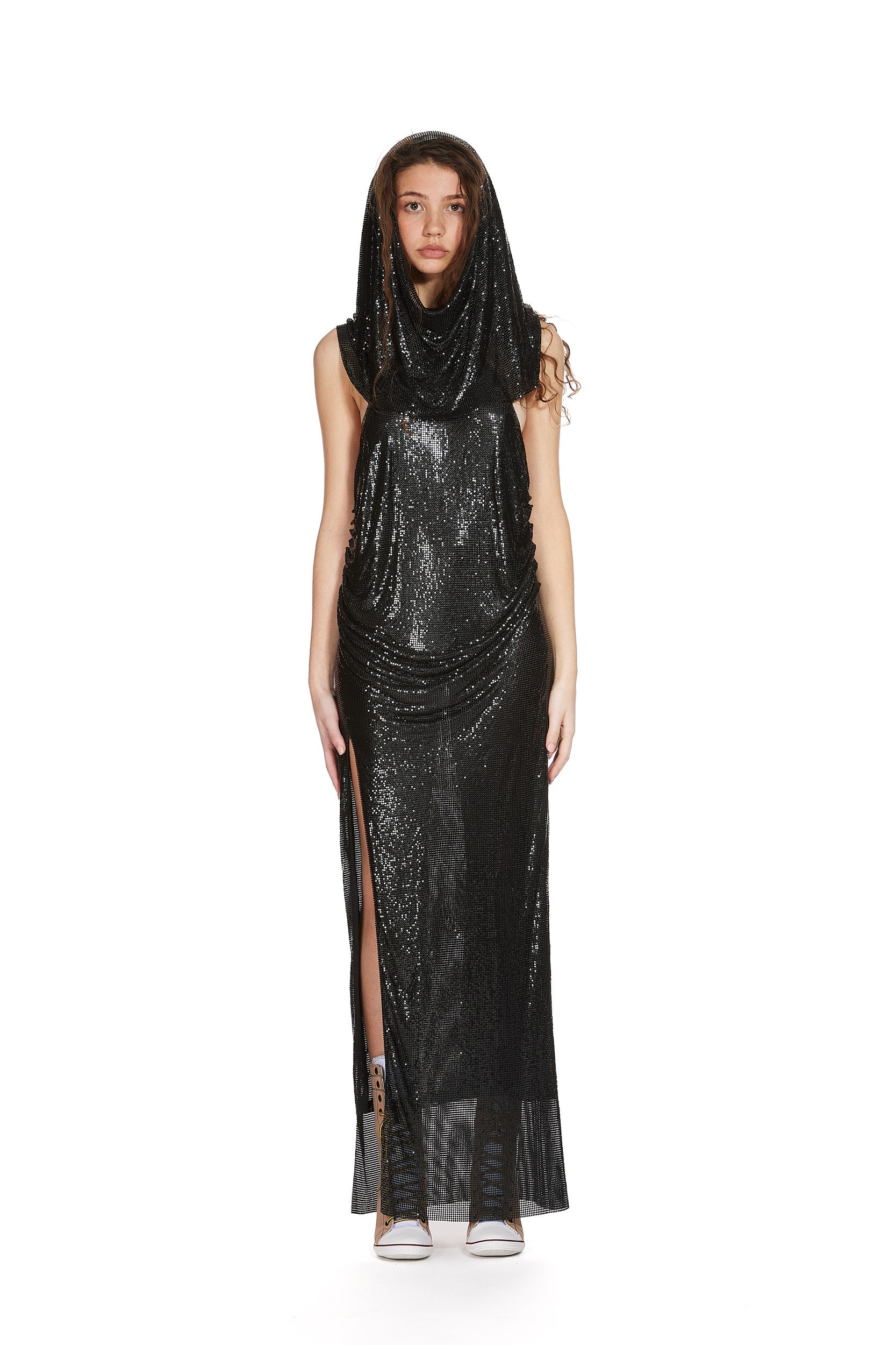 Draped Halter-Neck Chainmail Dress with Thigh high slit