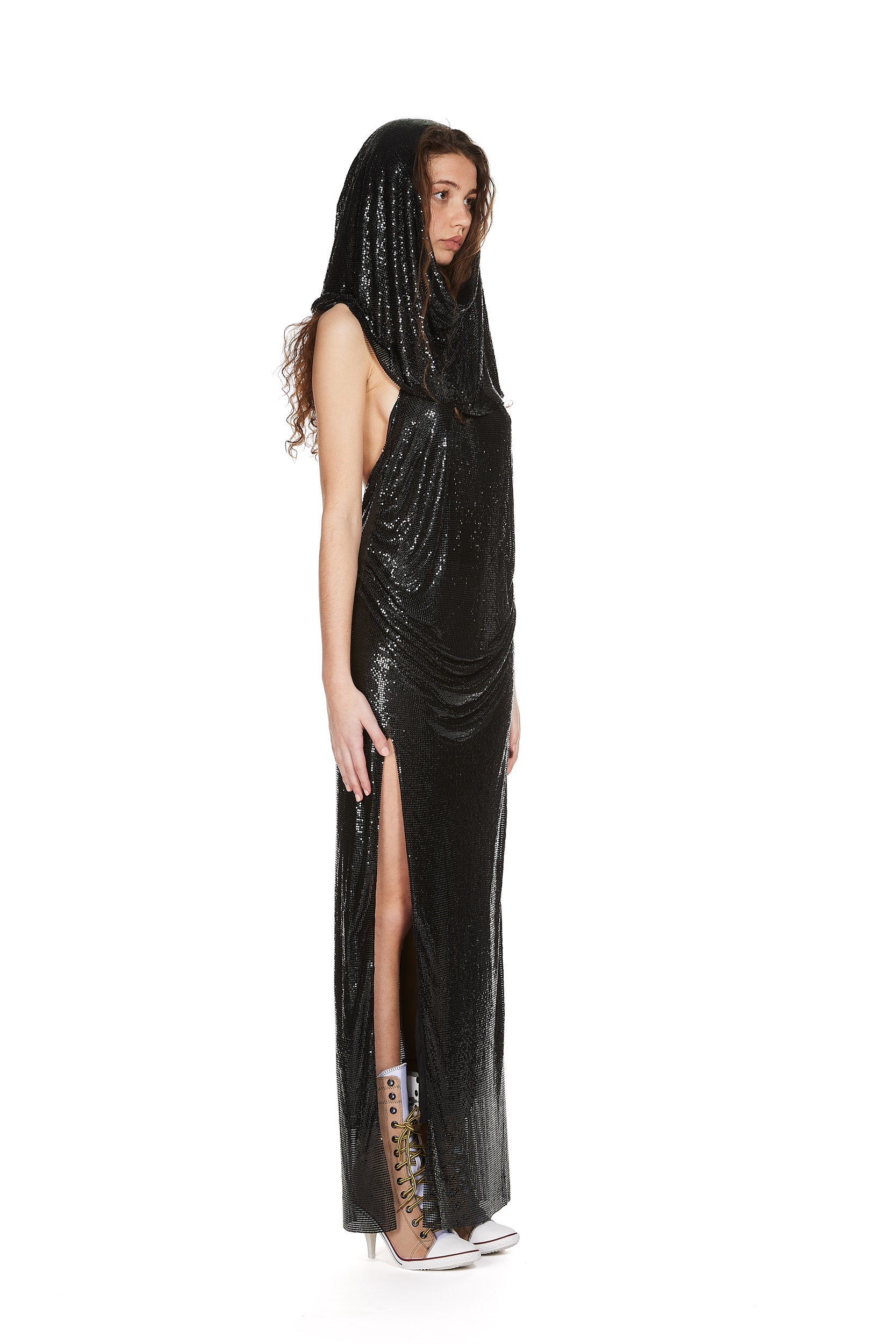Draped Halter-Neck Chainmail Dress with Thigh high slit