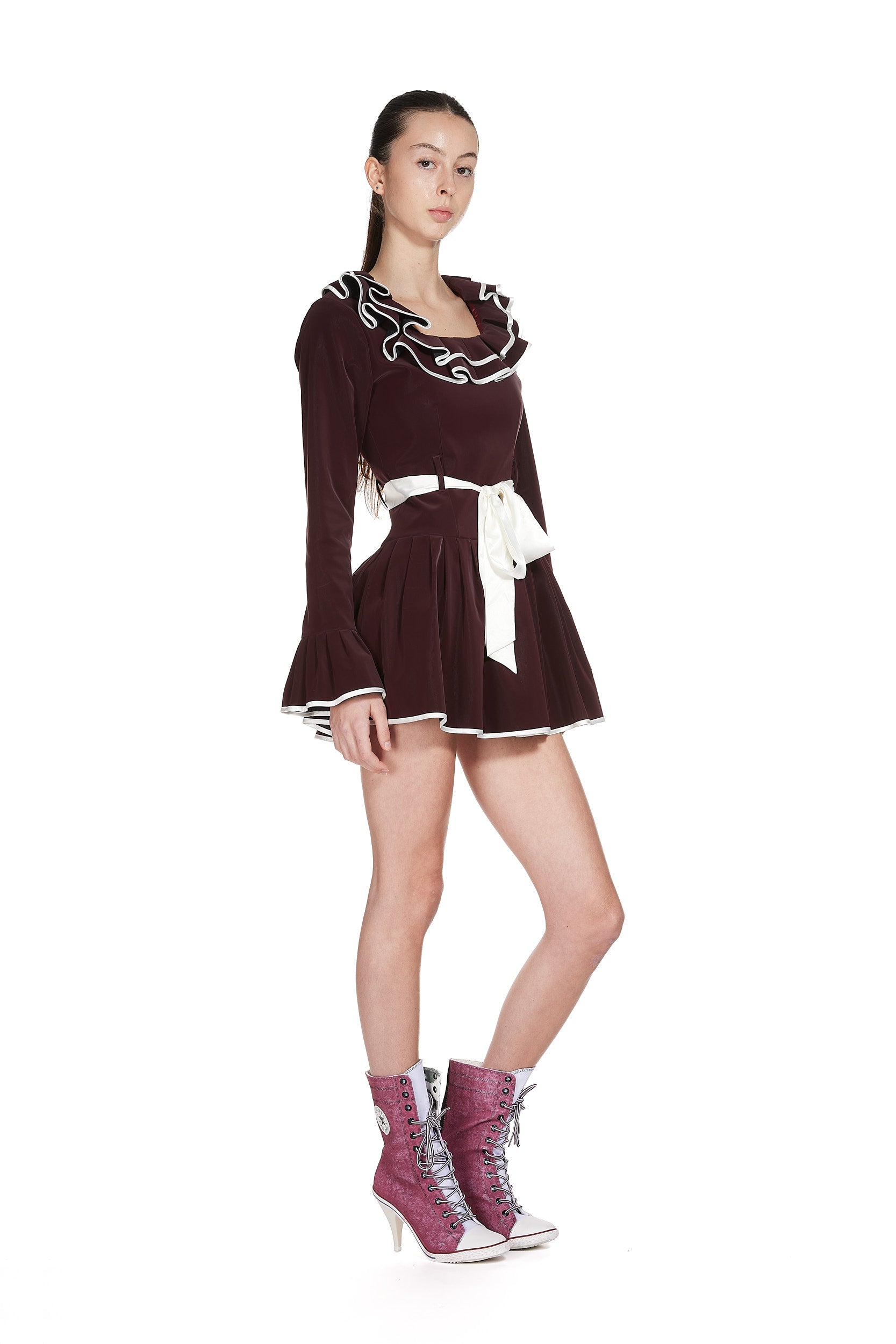 Ruffle Collar Dress in Water-proof Velour Cranberry Fabric