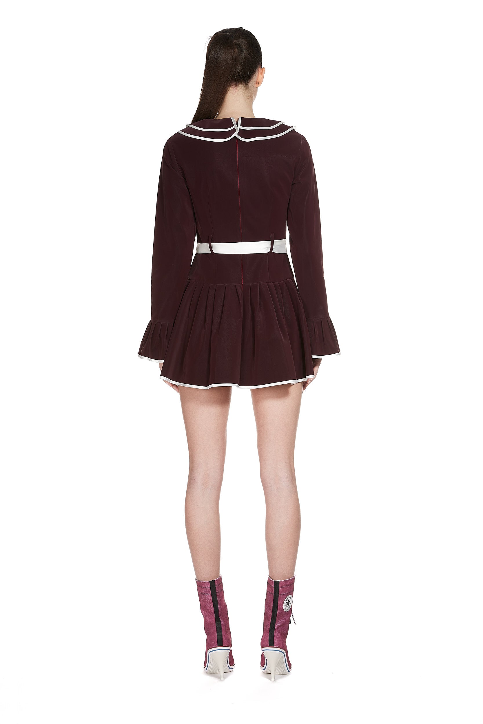 Ruffle Collar Dress in Water-proof Velour Cranberry Fabric