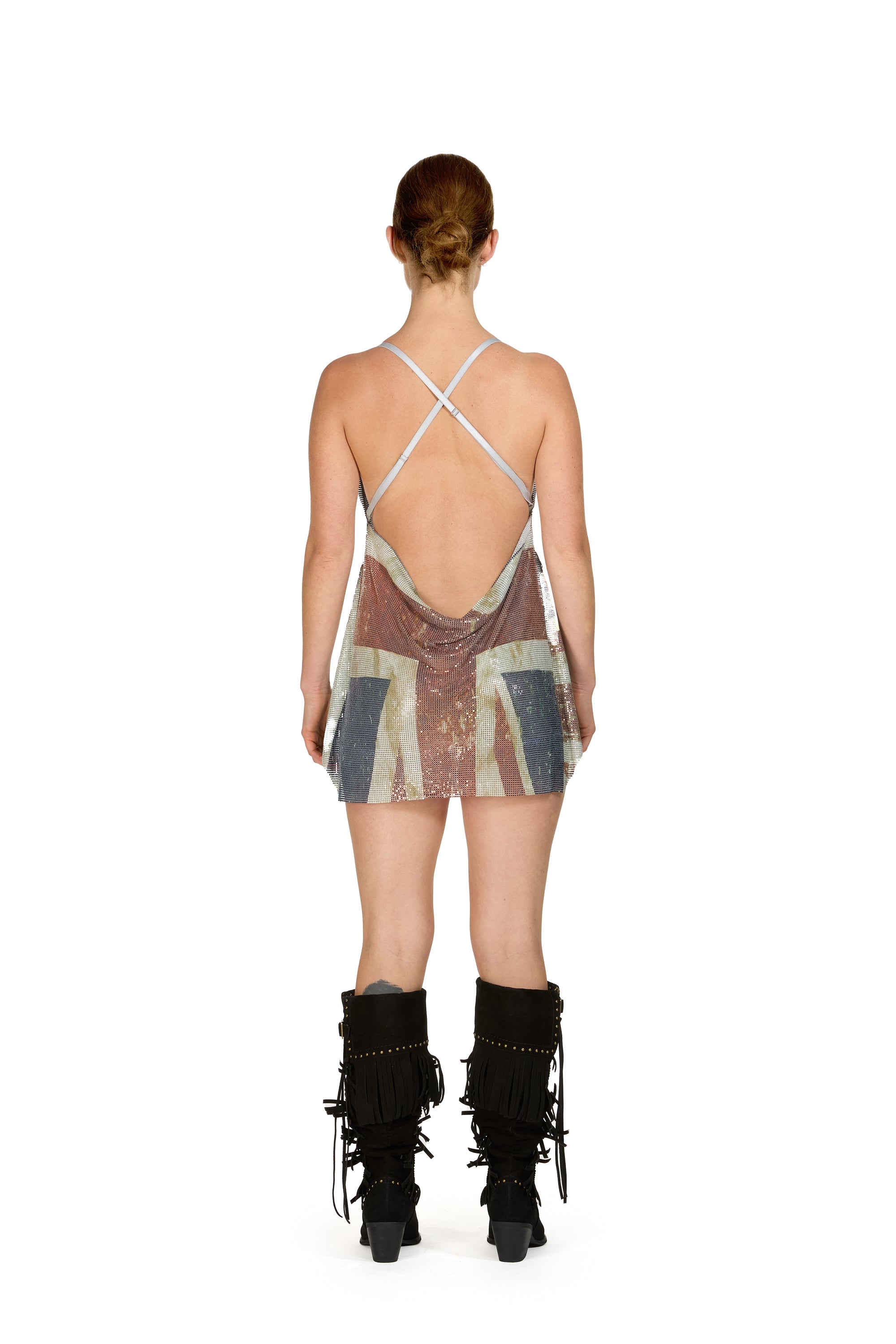 Distressed Flag Printed Chainmail Mini Dress