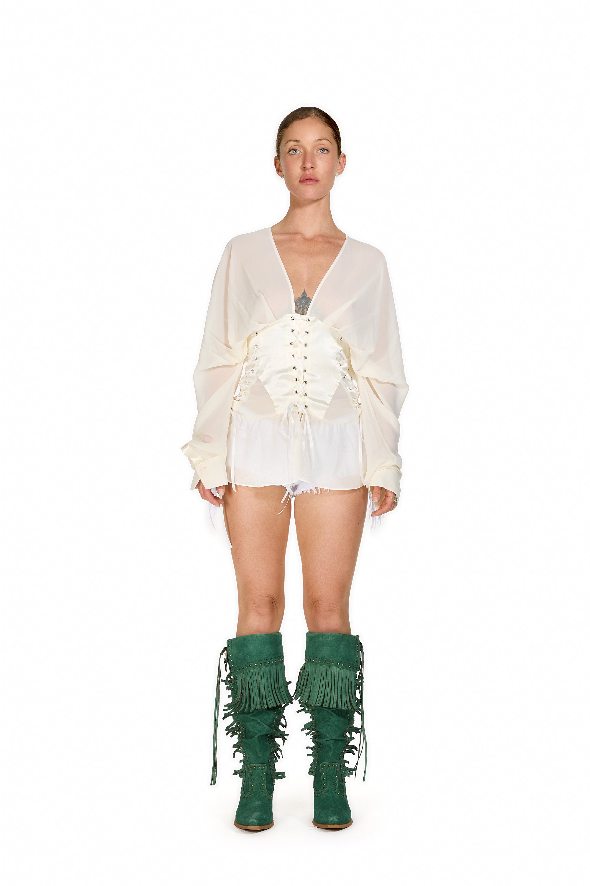 Chiffon Corset-Tie Batwing Mini Dress