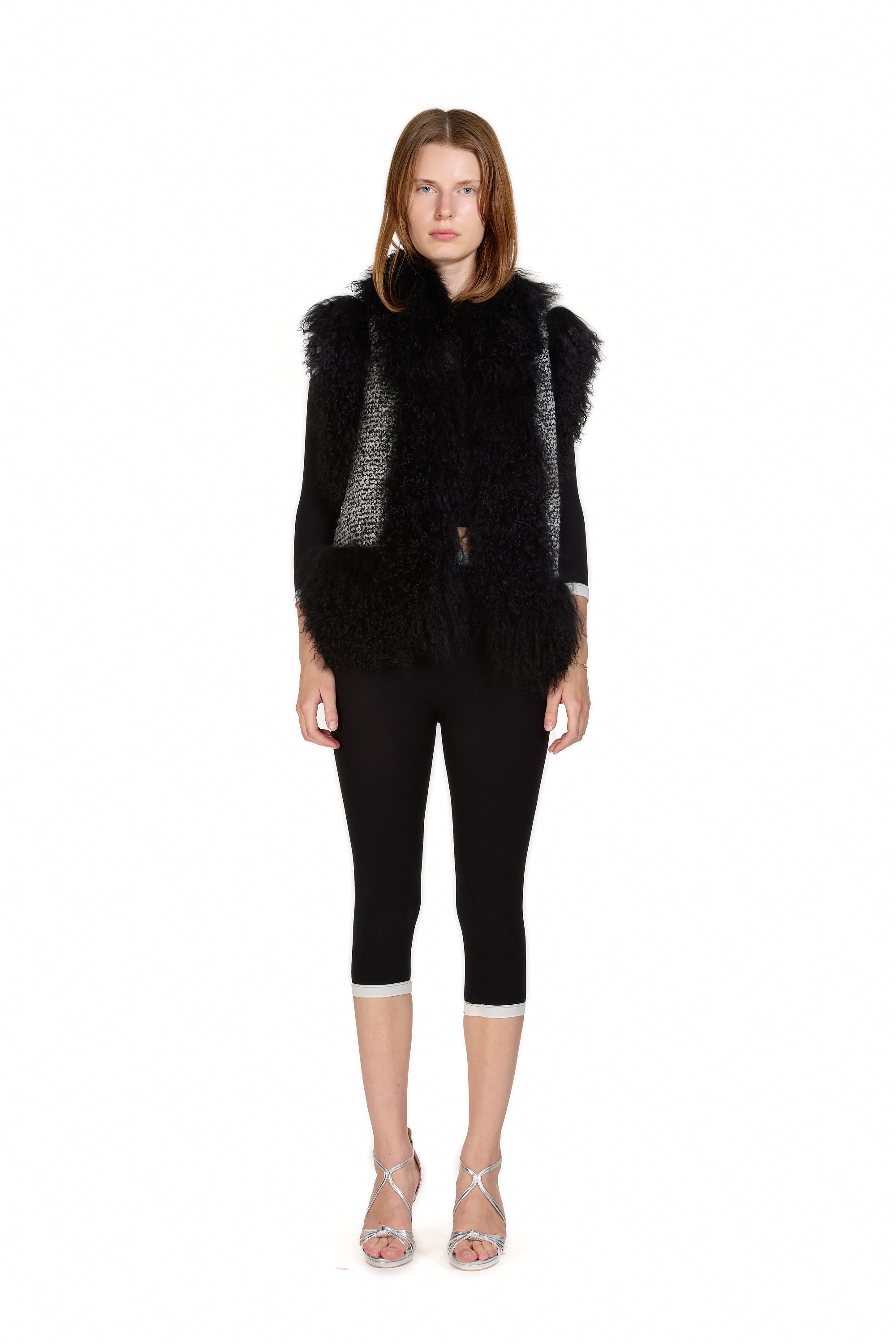 Mongolian Trim Wool Gilet- Black