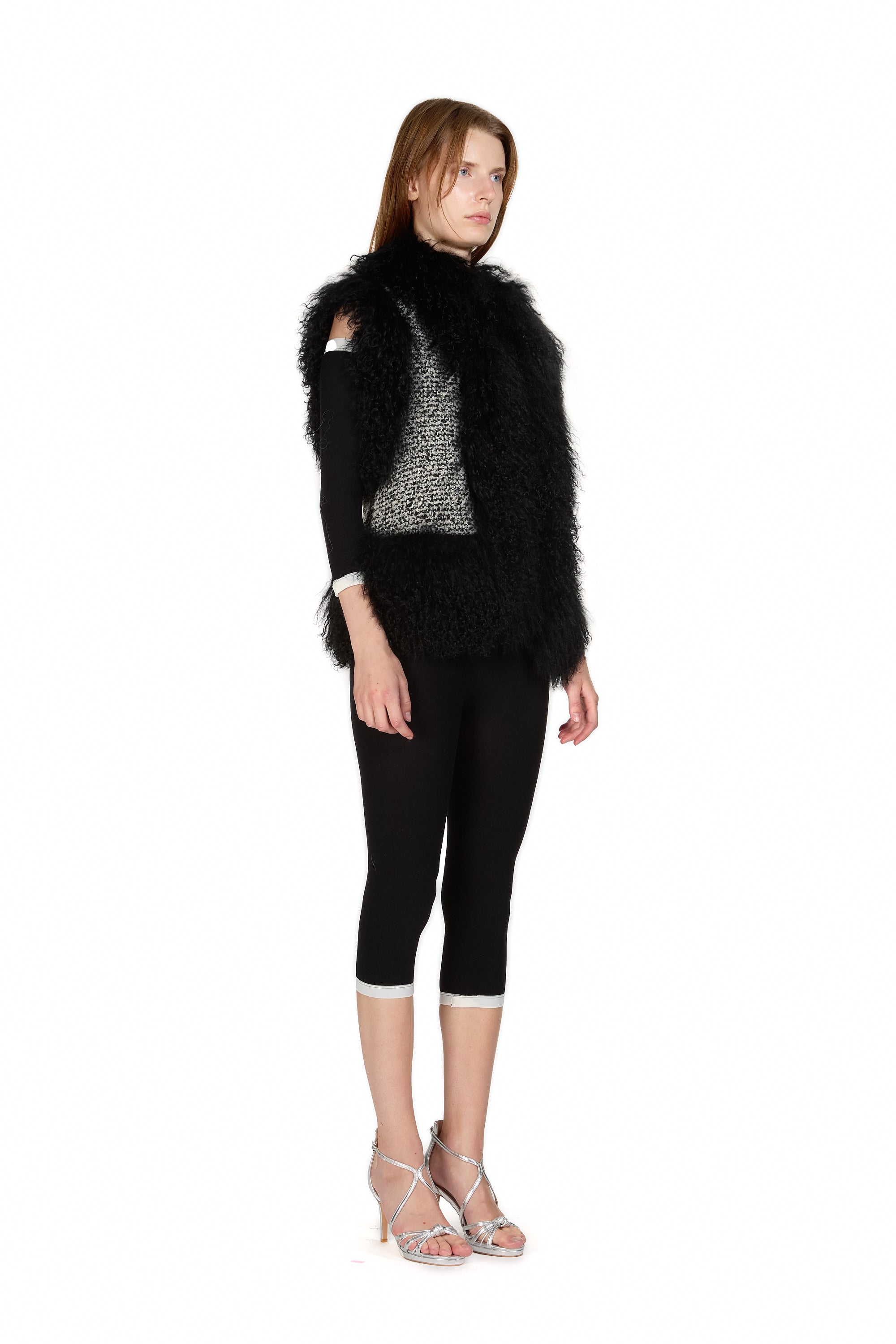 Mongolian Trim Wool Gilet- Black