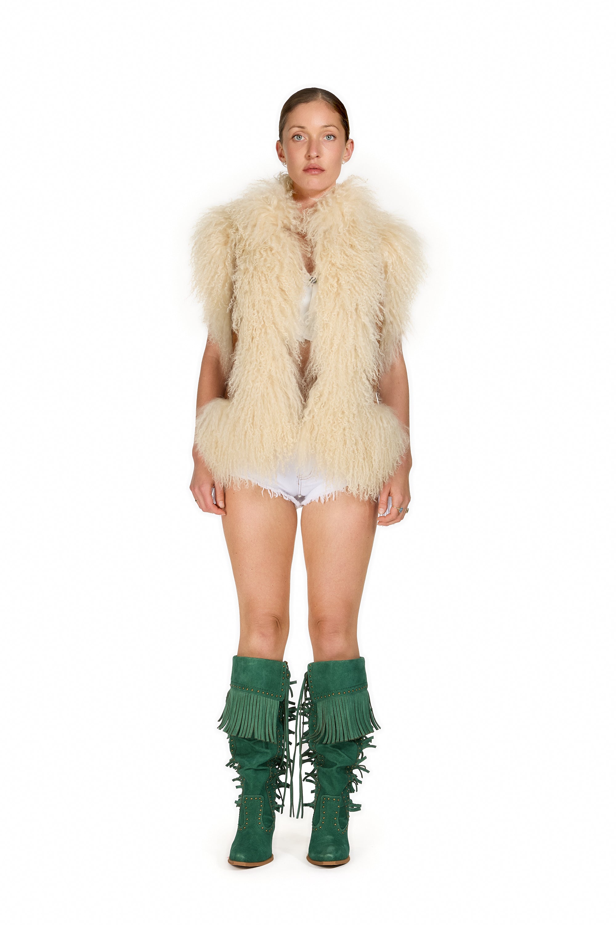 Mongolian Trim Wool Gilet- Tan Suede