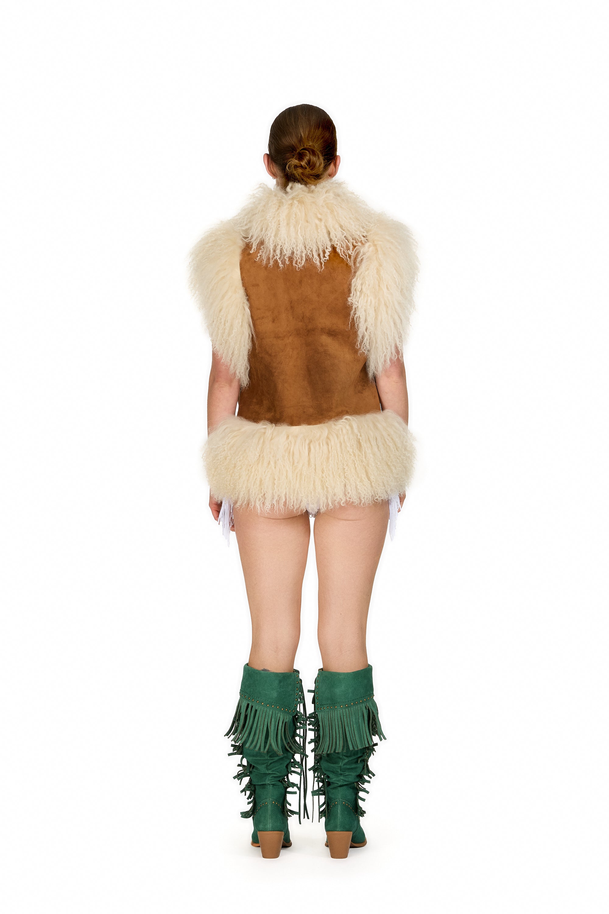 Mongolian Trim Wool Gilet- Tan Suede