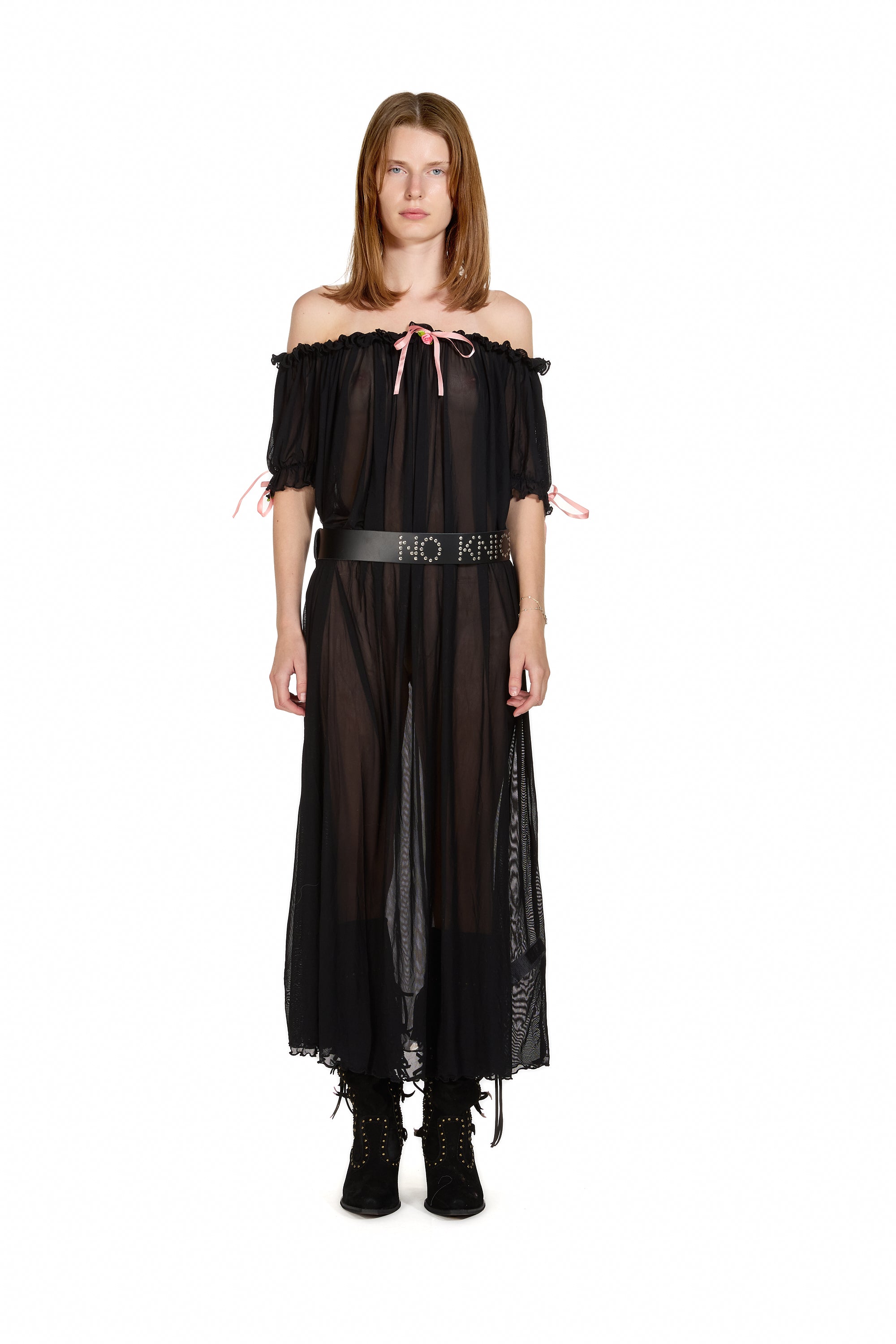Mesh Milk-Maid Maxi Dress with Rose Trim