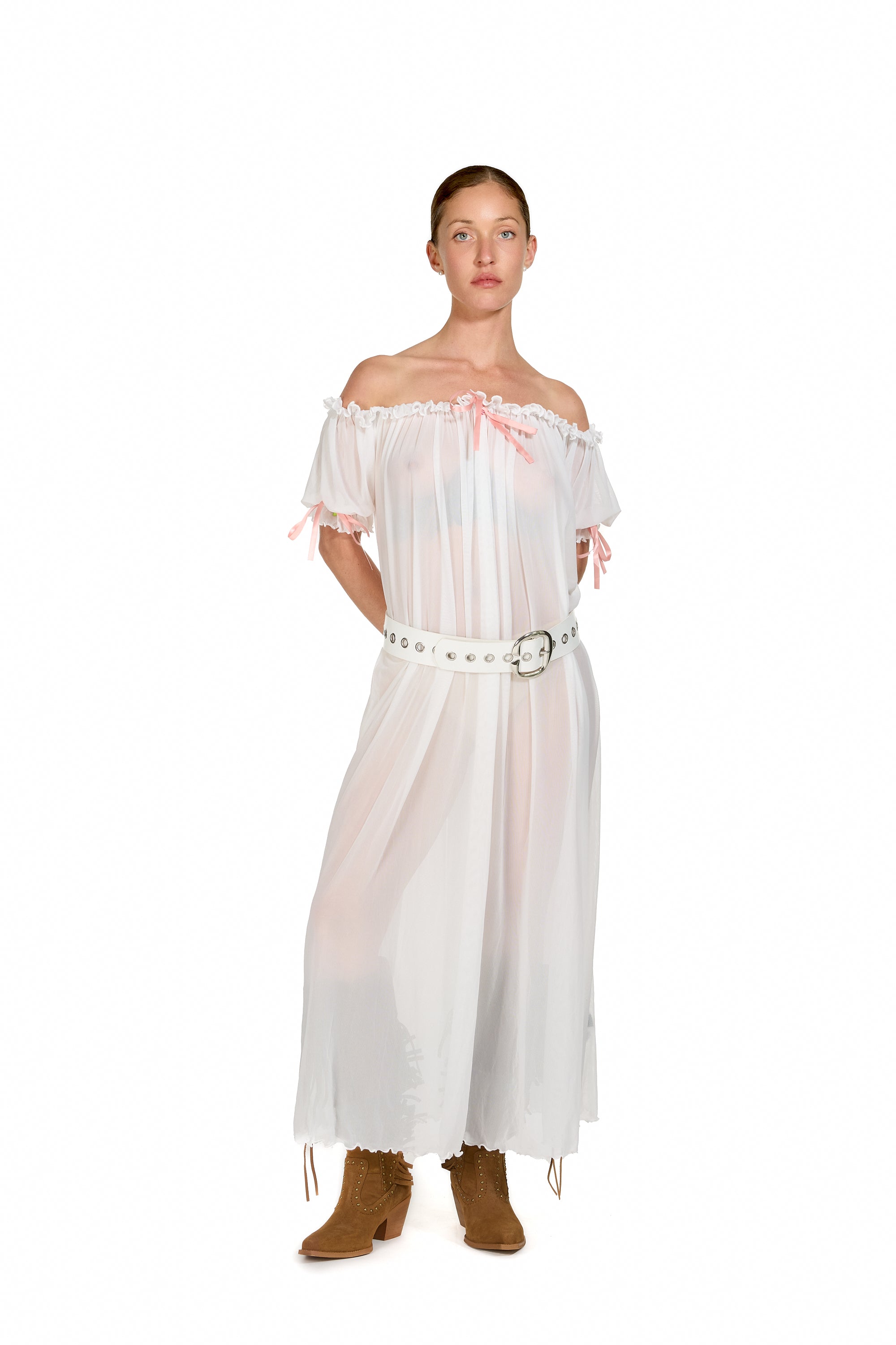 Mesh Milk-Maid Maxi Dress with Rose Trim
