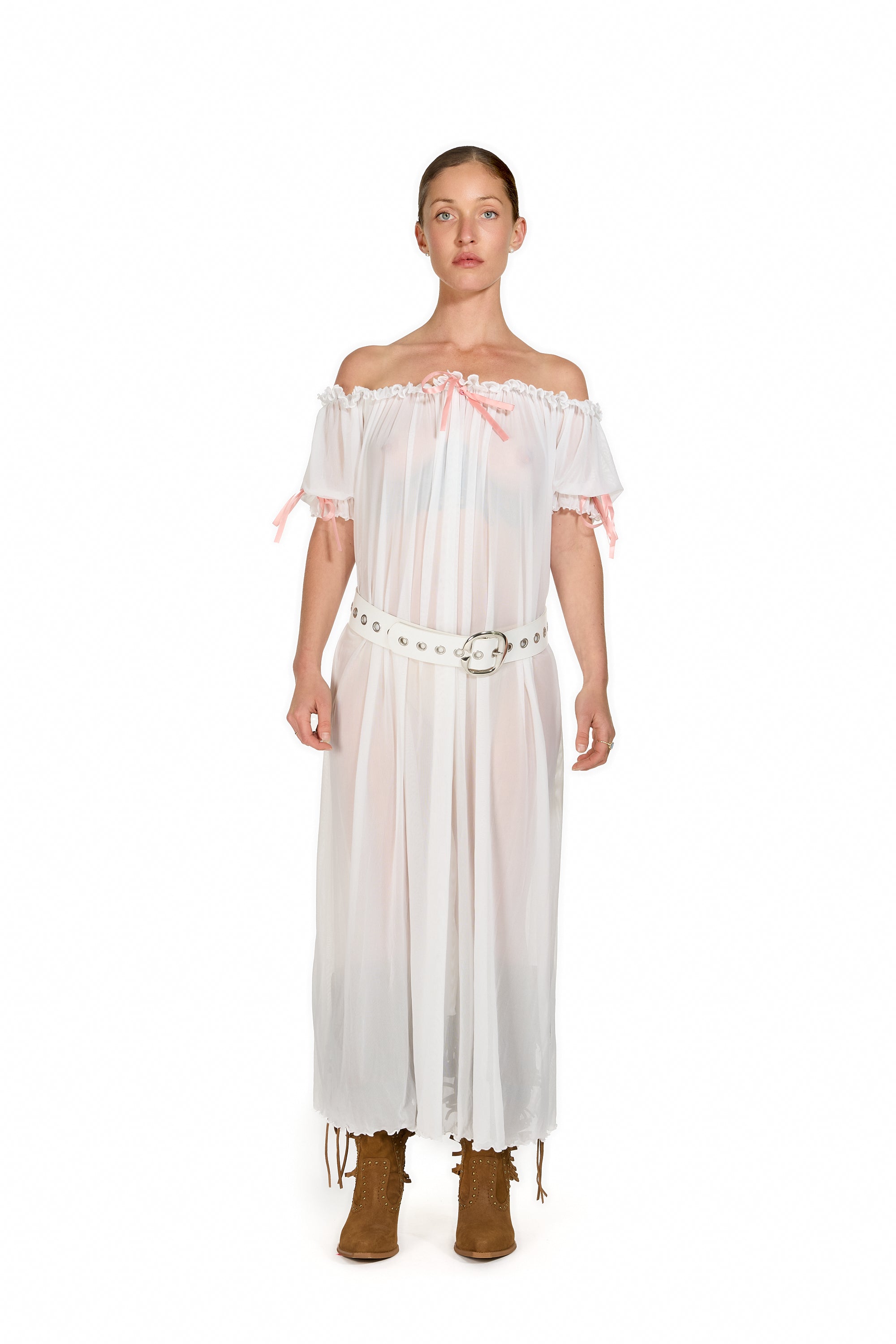 Mesh Milk-Maid Maxi Dress with Rose Trim