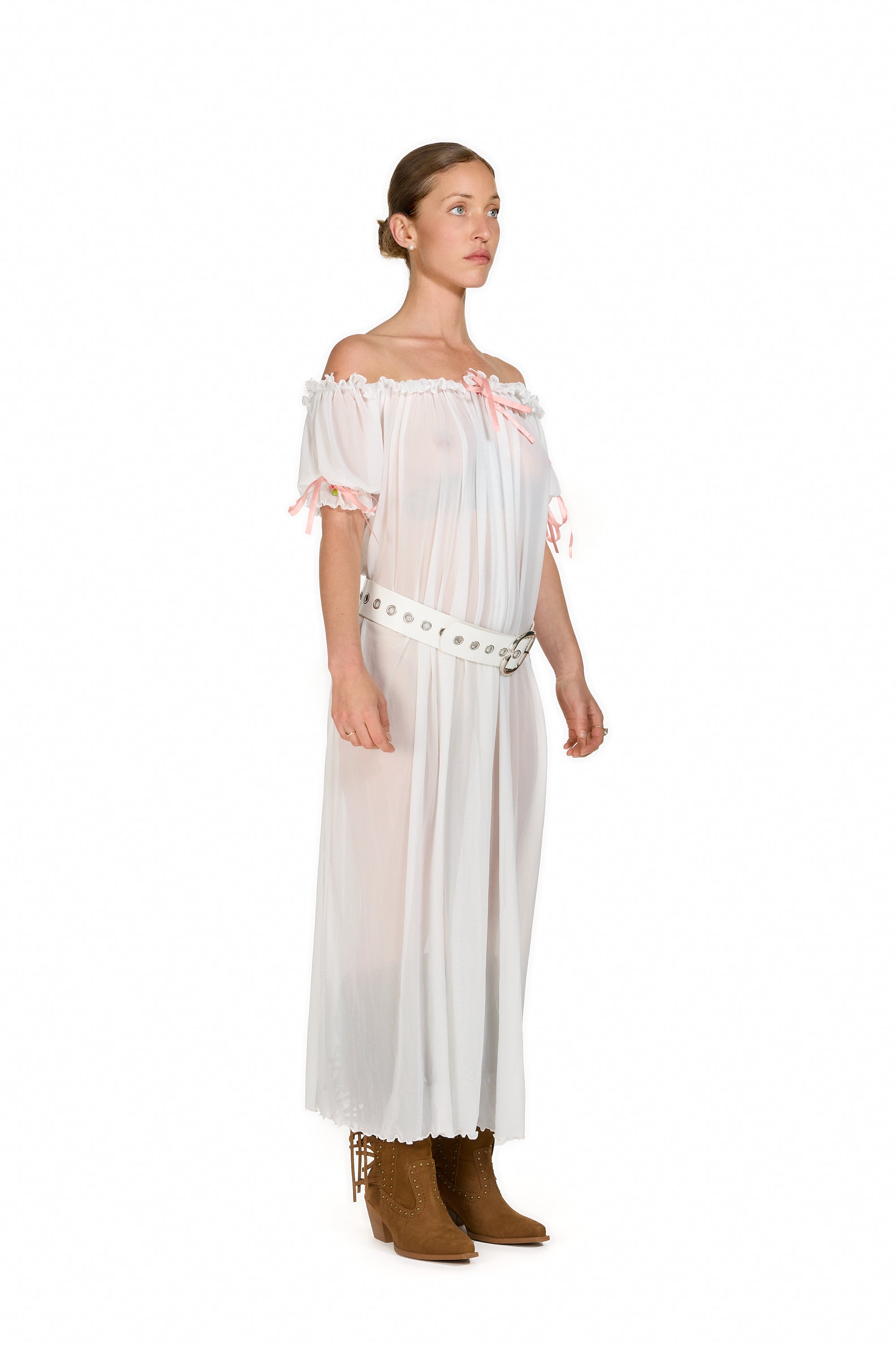 Mesh Milk-Maid Maxi Dress with Rose Trim