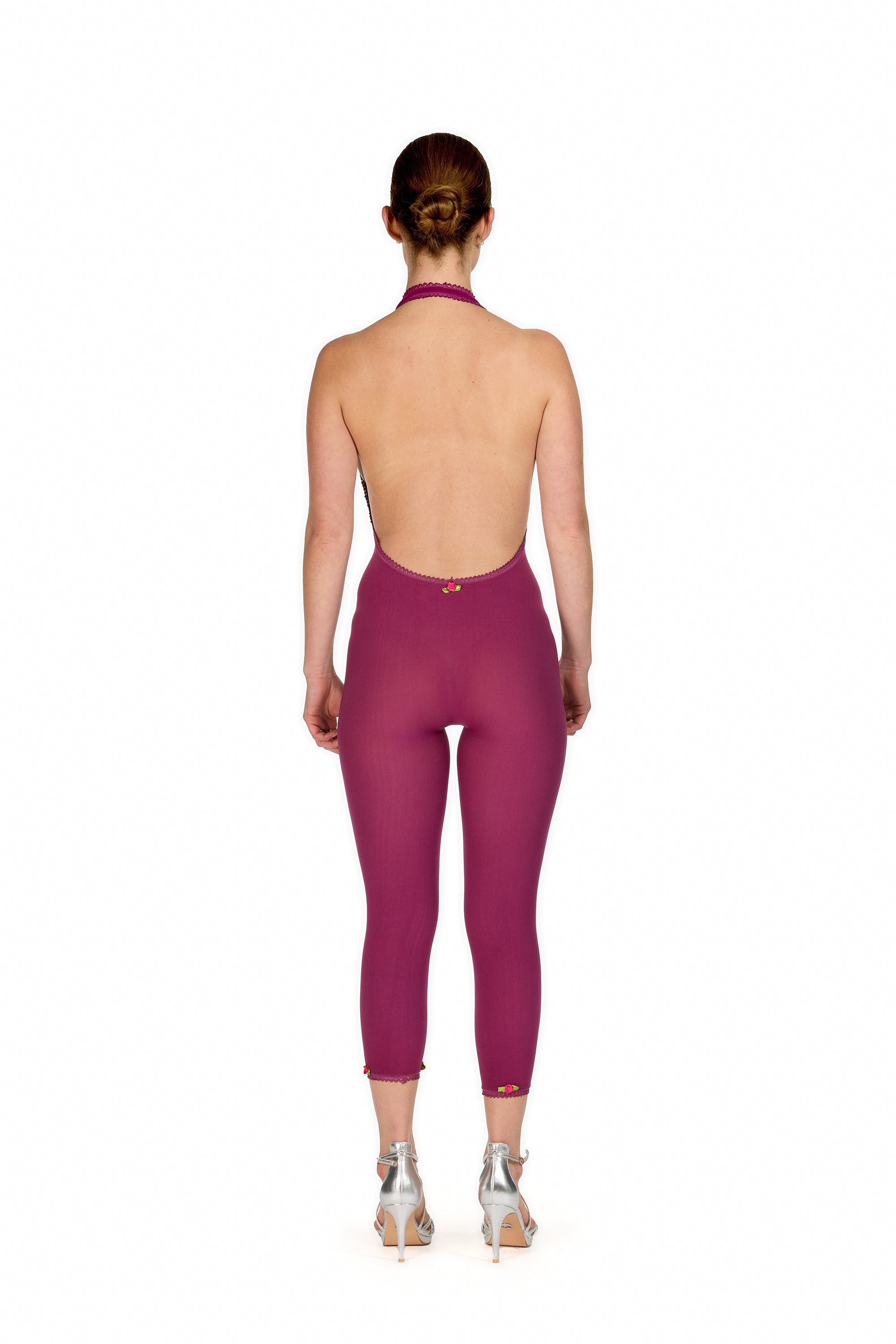 “English Rose” Halter-Neck Capri Jumpsuit in Fuschia with Tricot Trim