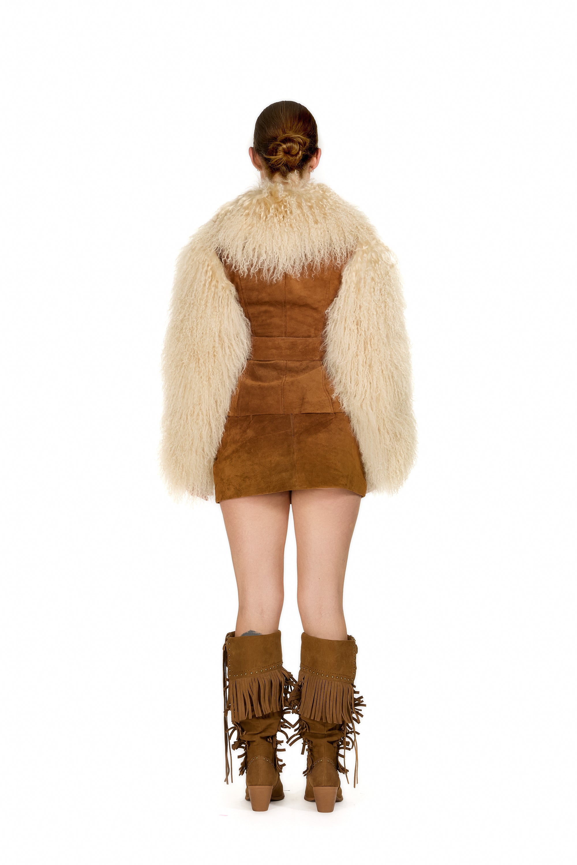 Suede Coat with Mongolian Fur Sleeves and Collar