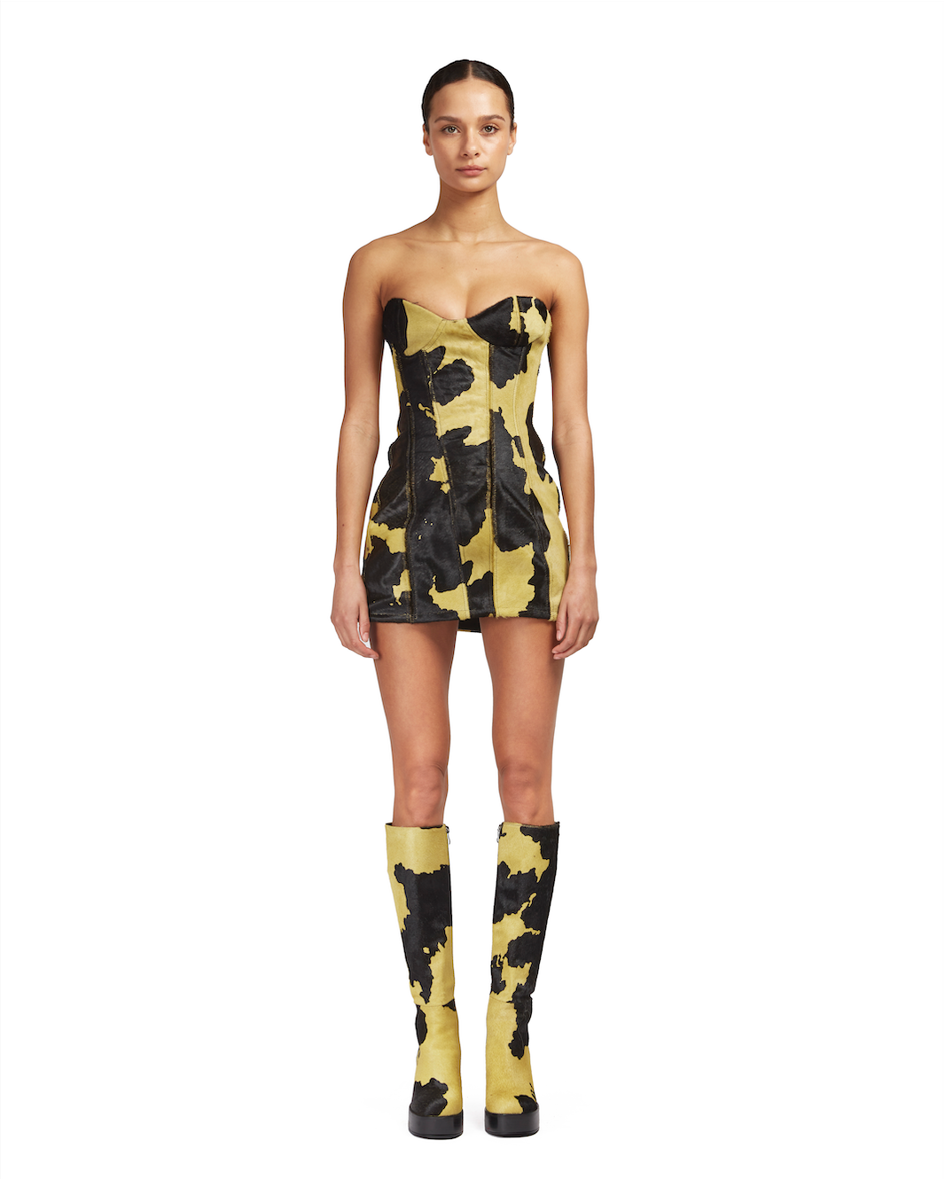 Printed cow-hide bustier mini-dress