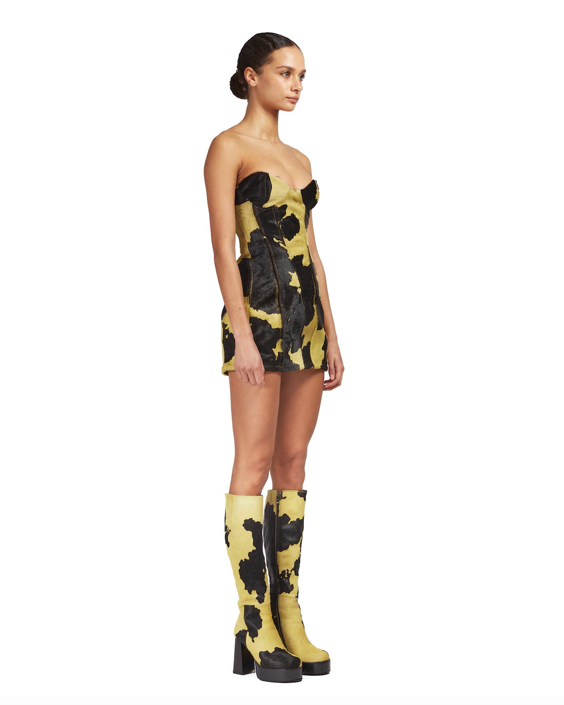 Printed cow-hide bustier mini-dress
