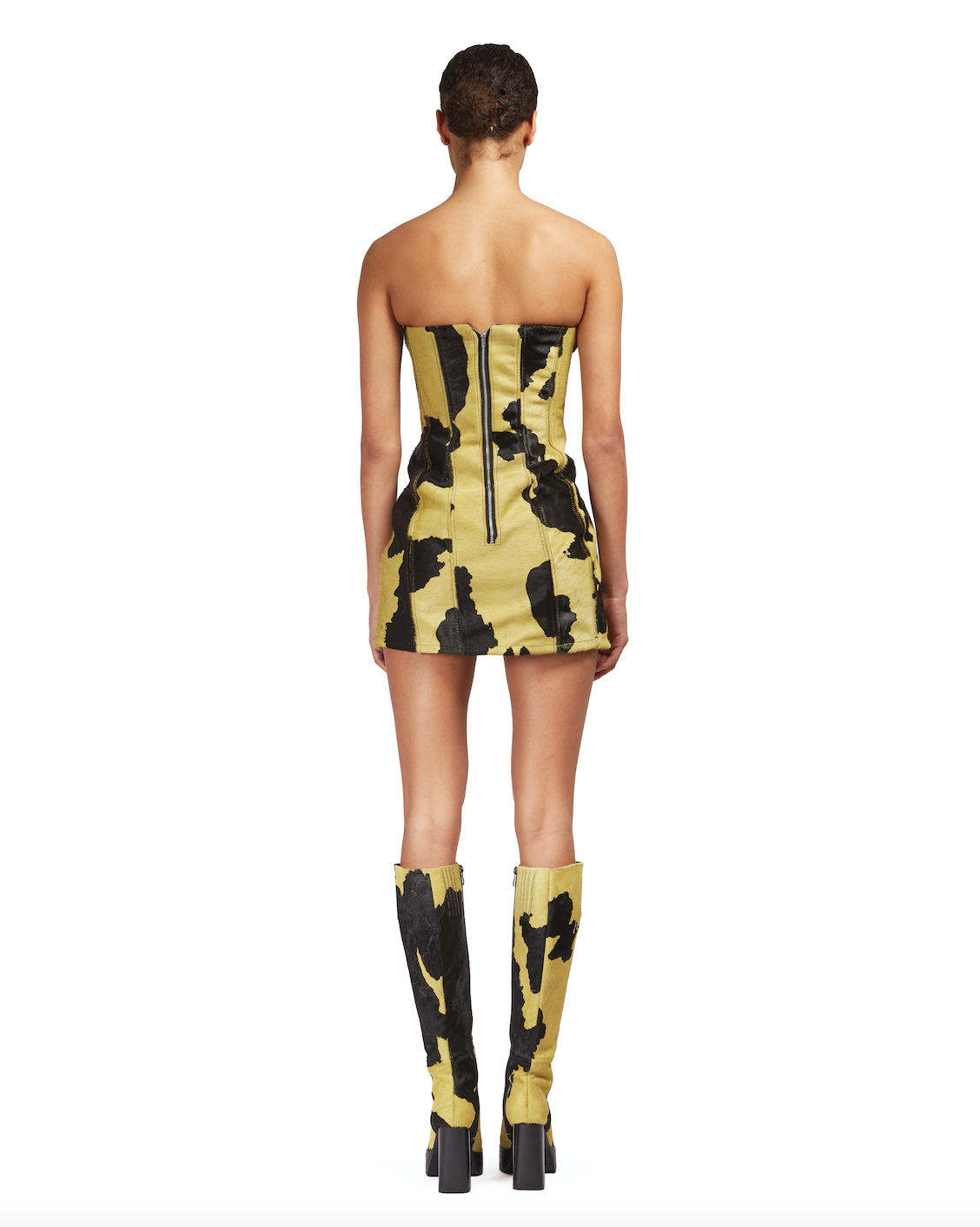 Printed cow-hide bustier mini-dress