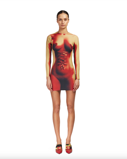 Digitally printed curve enhancing corset piercing mini lycra dress