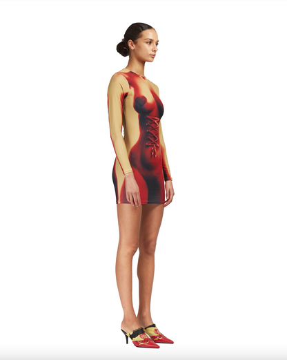 Digitally printed curve enhancing corset piercing mini lycra dress