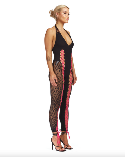 Seamless jumpsuit with lace up detailing and leopard-print mesh