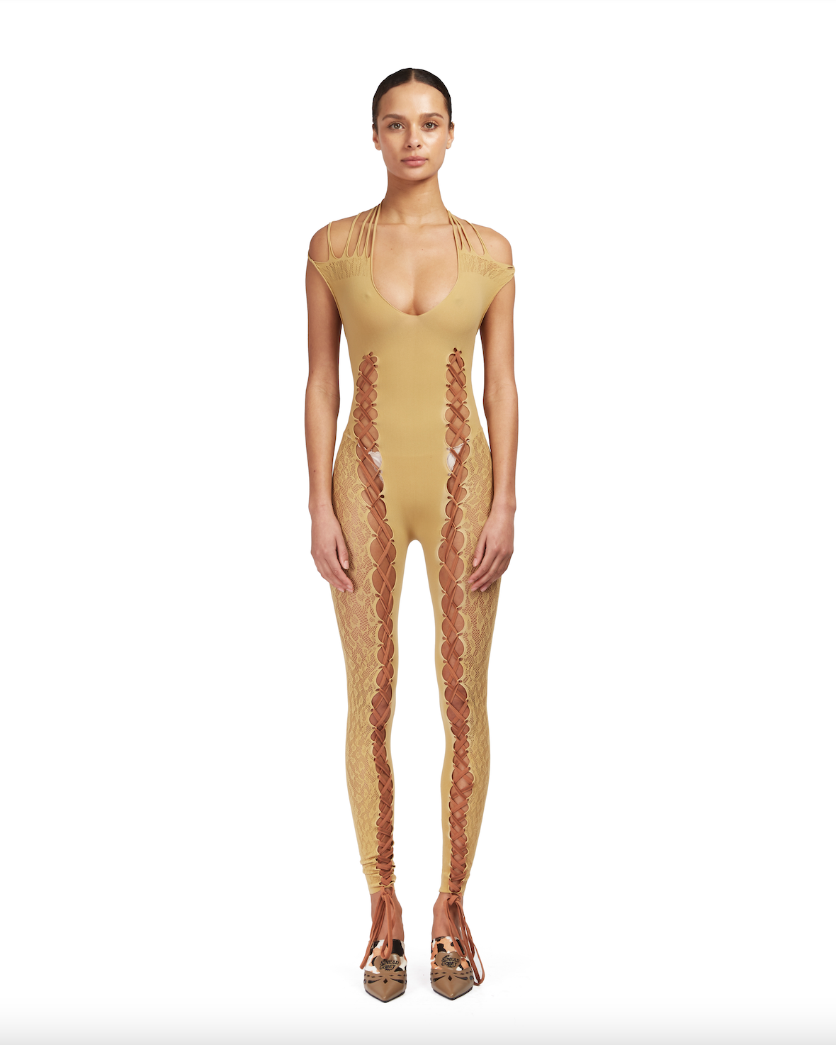 Seamless jumpsuit with lace up detailing and leopard-print mesh