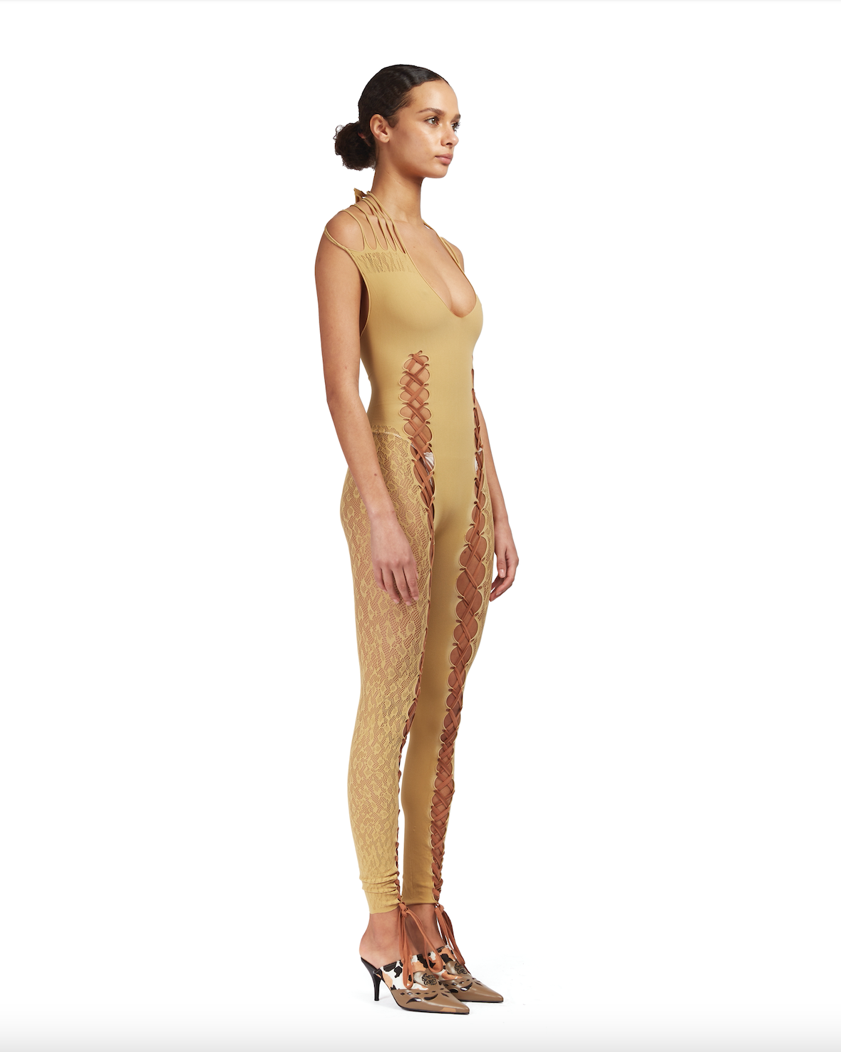Seamless jumpsuit with lace up detailing and leopard-print mesh