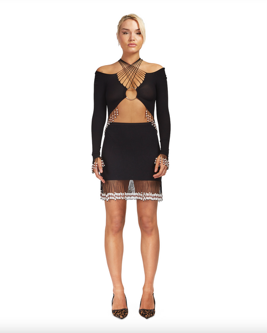 Seamless mini-skirt with O-ring front and hand beaded pearl trim