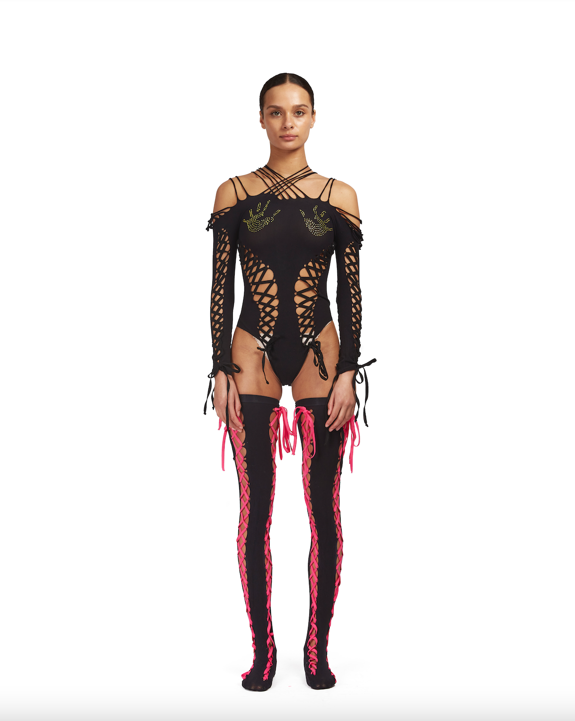 Seamless body-suit with lace up detailing and rhinestone hand-prints