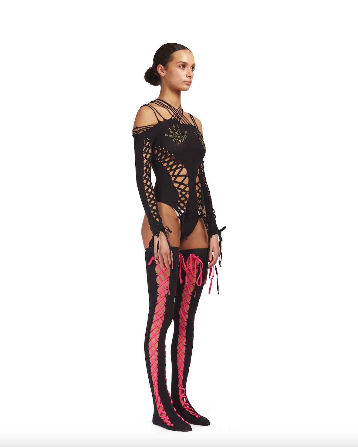 Seamless body-suit with lace up detailing and rhinestone hand-prints