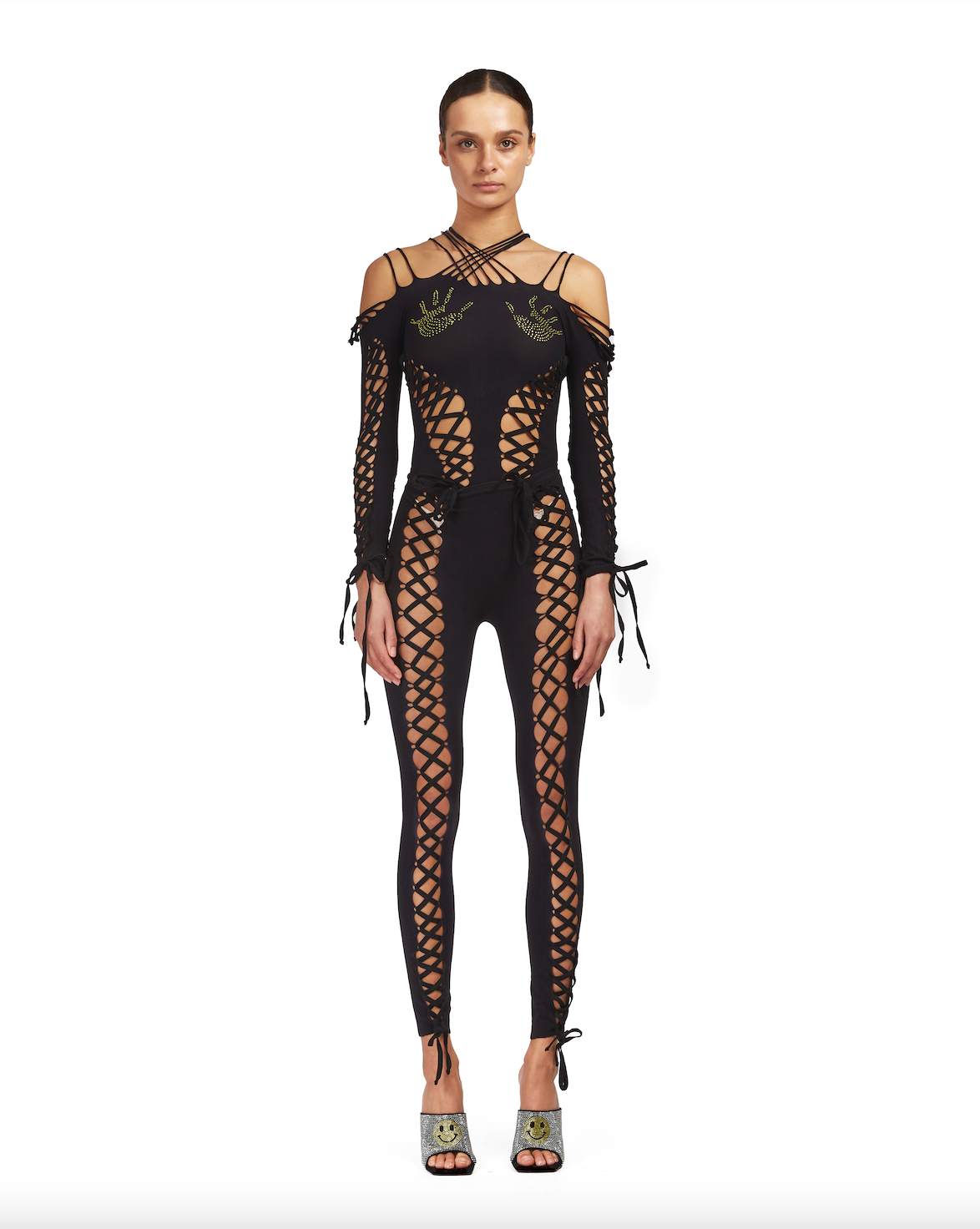 Seamless leggings lace up detailing rhinestone hand prints