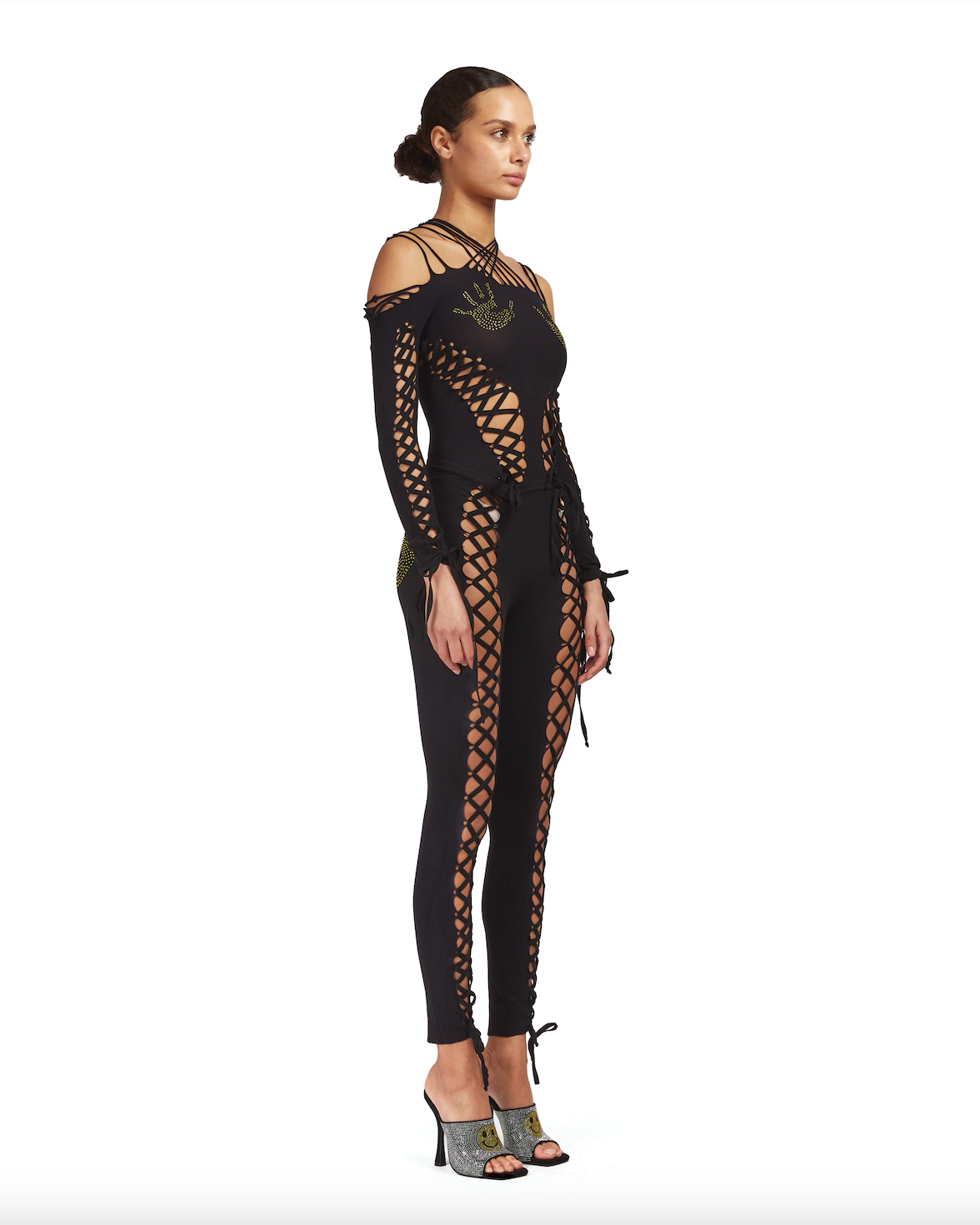 Seamless leggings with lace up detailing and rhinestone hand-prints