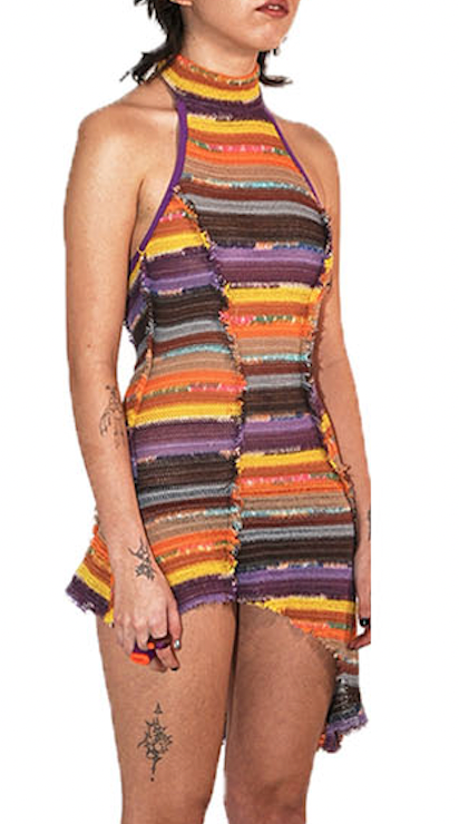 STRIPED KNIT HALTERNECK ASYMMETRIC DRESS