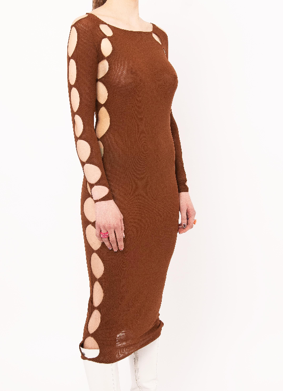 BROWN MESH CUT OUT SIDE DRESS