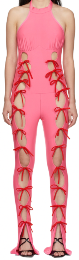 PINK HALTER-NECK JUMPSUIT WITH RED TIES