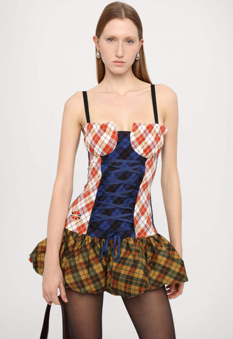 Tartan-Clash Scrunchie Bustier Dress