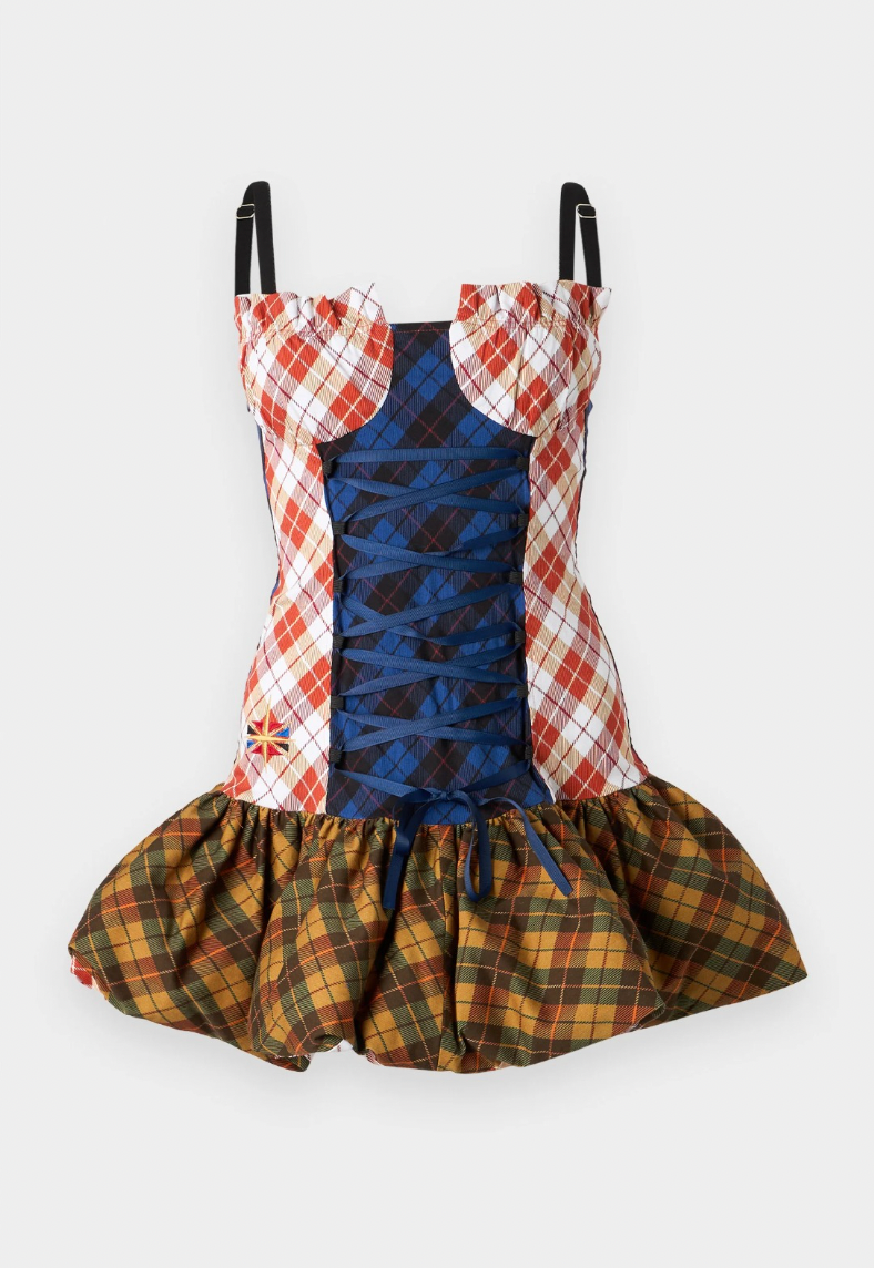 Tartan-Clash Scrunchie Bustier Dress