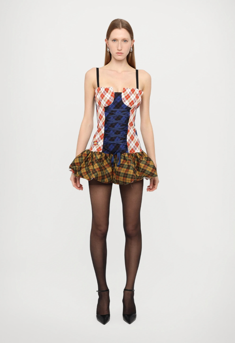 Tartan-Clash Scrunchie Bustier Dress